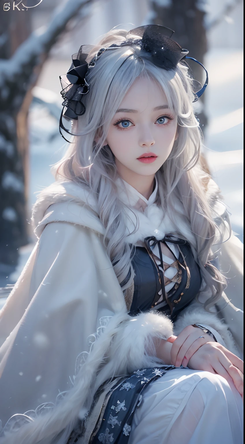 (8K, RAW photo, Photorealistic:1.4)， high resolution, 1 Women, Solo,。.。.3D，Sitting,(Lolita costume)，Wear a flowing skirt， Beautiful eyes, White hair, ringed eyes, (sitted，Cloak，Heavy snow)，snowfield