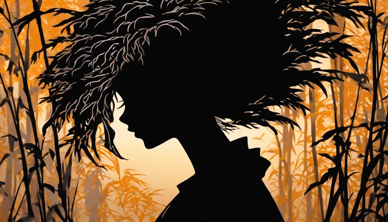 (Silhouette Art,cutouts:1.6)
(((Paper cutting art,A world where only black exists:1.3)

(Cowboy Shot),1 girl,Solo,
(Kimono Girl,profile:1.2),white, Clear and beautiful face,

BREAK
(Gray Japanese pampas grass)
Textured glass background,