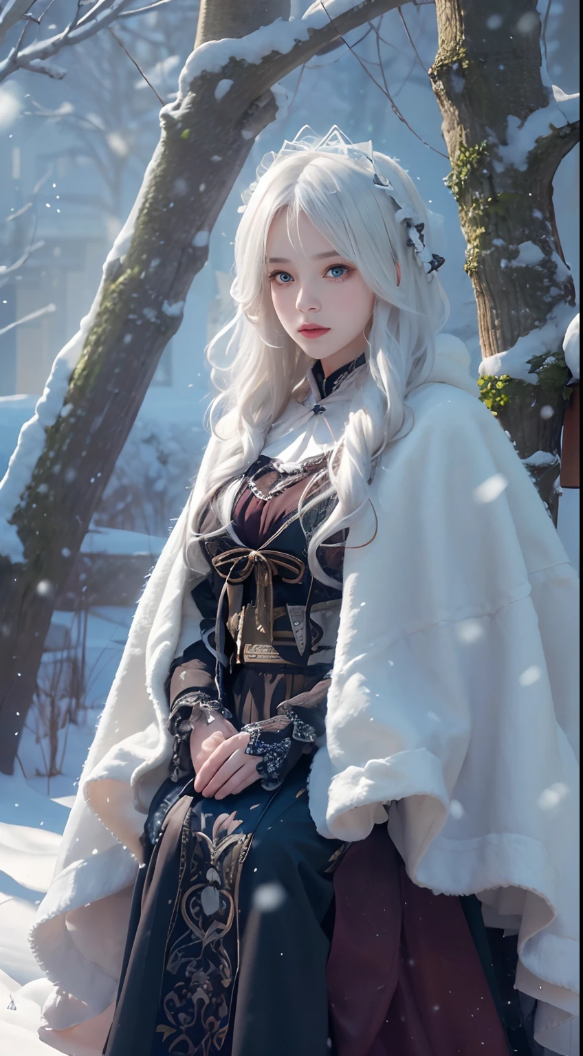 (8K, RAW photo, Photorealistic:1.4), high resolution, 1 Women, Solo,。.。.3D,Sitting,(ta costume),Wear a flowing skirt, Beautiful eyes, White hair, ringed eyes, (sitted,Cloak,Heavy snow),snowfield