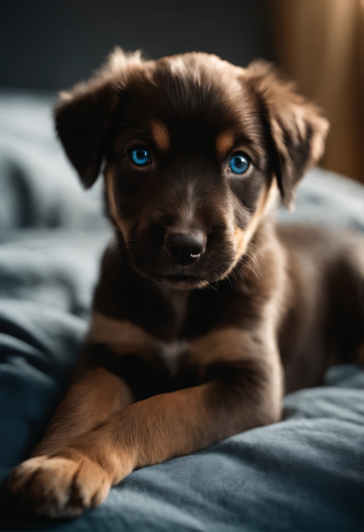 cute baby dog on the bed and realistic picture with sunlight on face dark background blue eye brown hair