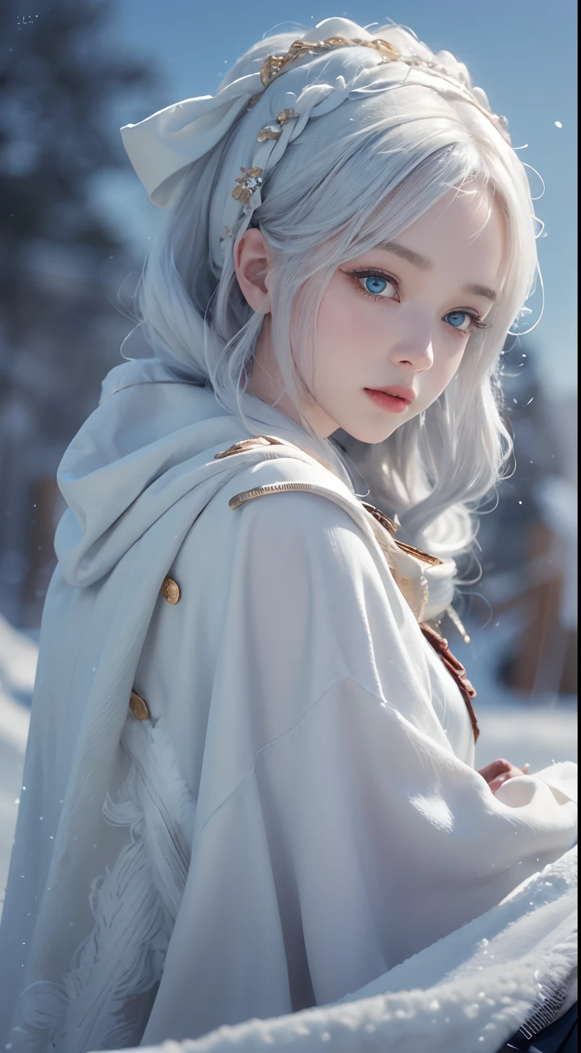 (8K, RAW photo, Photorealistic:1.4)， high resolution, 1 Women, Solo,。.。.3D，Sitting,(Lolita costume)，Wear a flowing skirt， Beautiful eyes, White hair, ringed eyes, (sitted，Cloak，Heavy snow)，snowfield