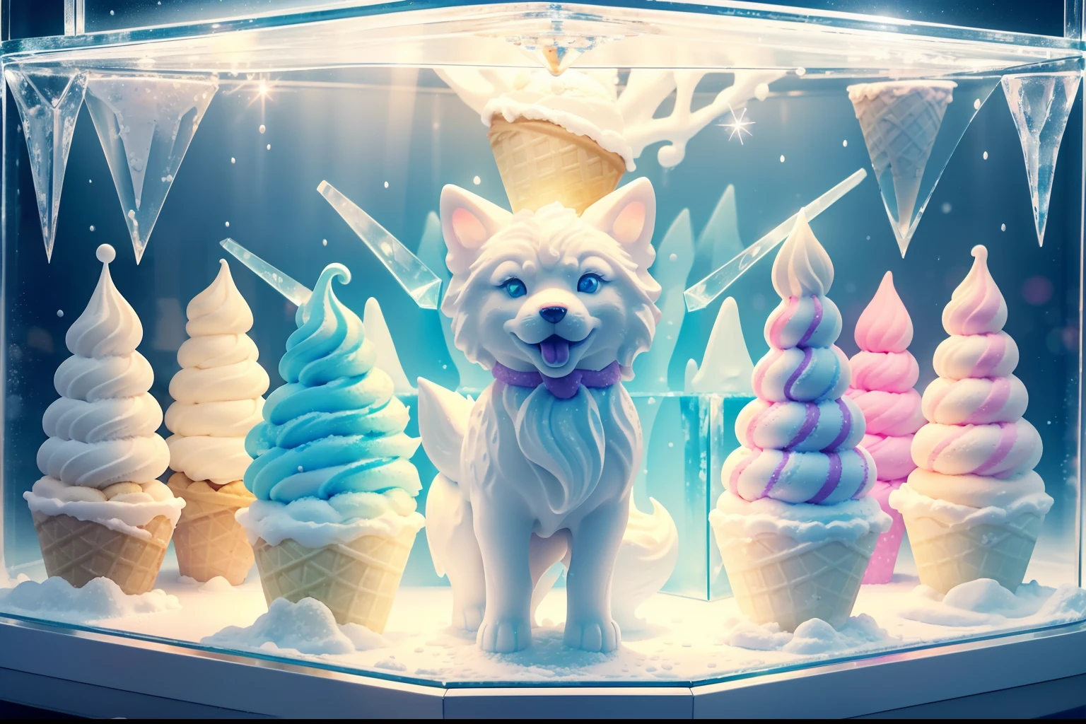 ice cream fantasy,an ice cream fantasy inside a detailed glass case created by lighting the sun's rays, made of the ice cream with colorful sugar craft sculptures white wolf, (absurdly adorable cute, standing in honor:1.2), white sugar plum rain, (ice cream texture:1.3), the tree-lined streets are expressed with sweets, the fallen snow is expressed with white chocolate and sugar sweets,