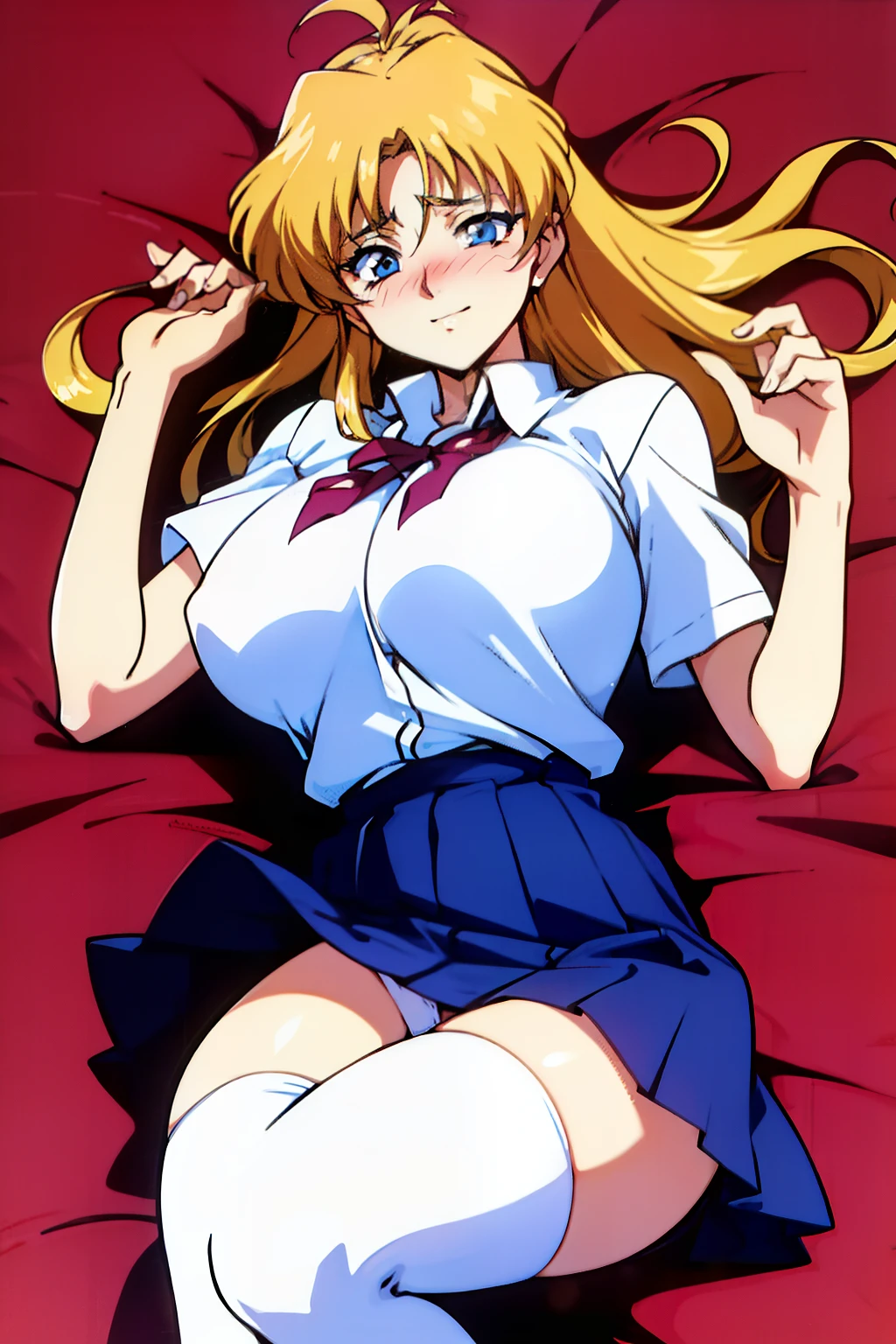 1990s anime style, Cartoon style of the 1990s, best quality, high resolution, In the style of Nobuteru Yuki, blonde hair, school uniform, Inspired by Shirou Masamune, (lying, on back:1.4), (curvy), (Huge breasts:1.2), hands on own chest, blue pleated skirt, retro anime, sharp, Defined lines, Detailed, makeup, Beautiful face, gorgeous eyes, (vulgarity:1.4), (orgasm:1.2), nose blush, smile, closed mouth, white thigh highs, floor, looking down, white panties, red glasses