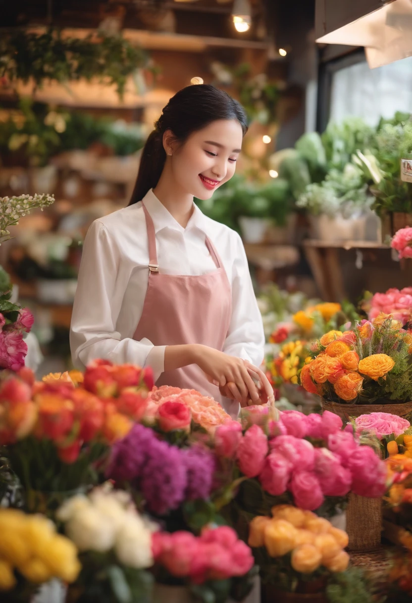 Best quality、超A high resolution、full bodyesbian、Girl working in a flower shop、Making a bouquet、 A smile