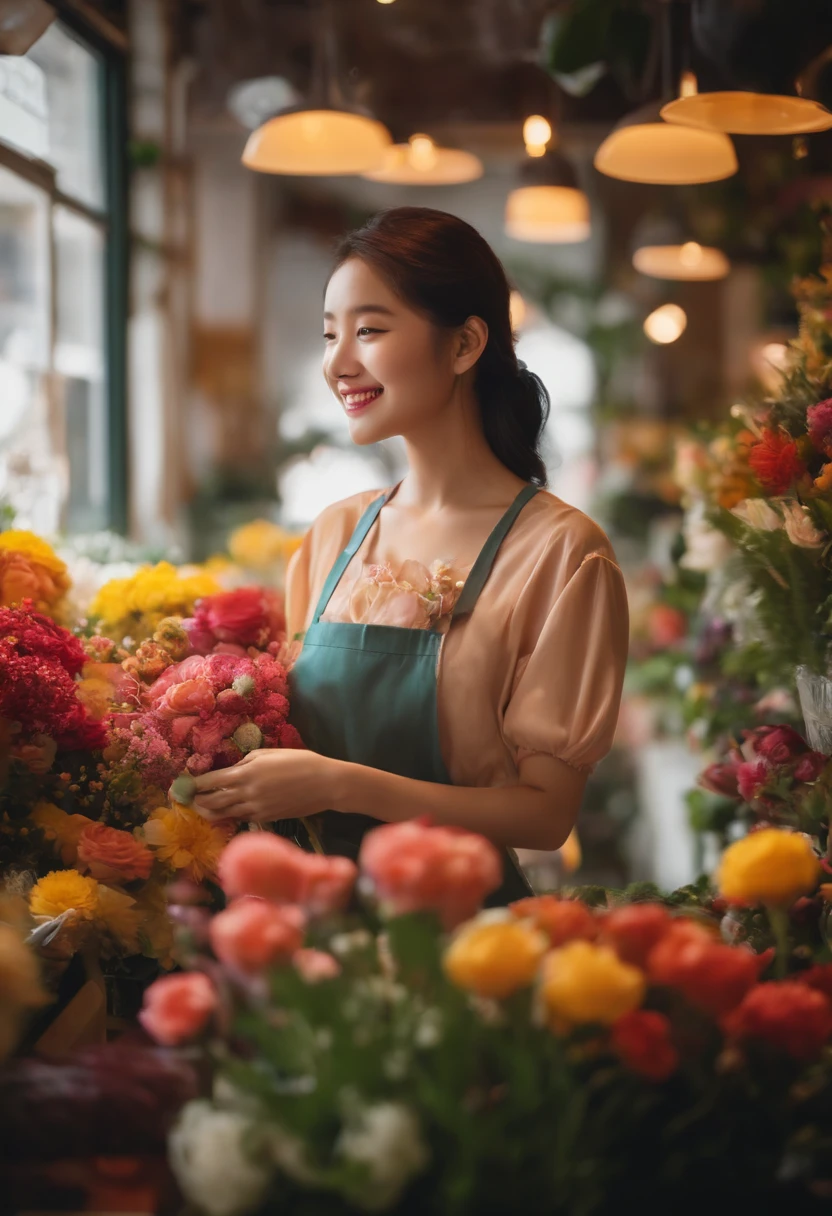 Best quality、超A high resolution、full bodyesbian、Girl working in a flower shop、Making a bouquet、 A smile
