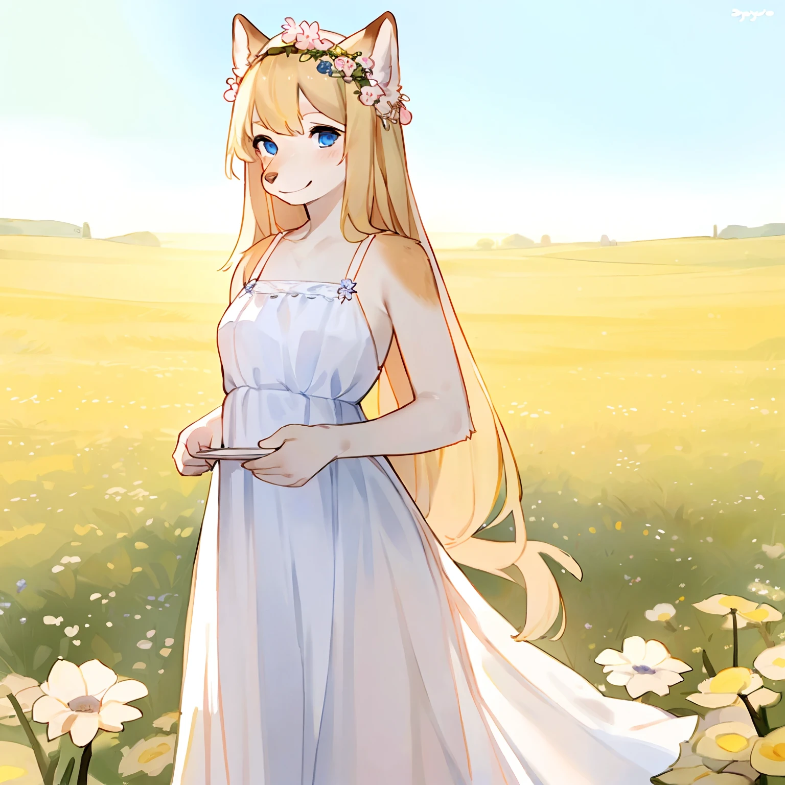 by bebebebebe, by spuydjeks, solo, female, lithe body, thin body, canine, blonde hair, long hair, blue eyes, snout, standing, peasant expression, smiling, white lacy sundress, Flower Crown, European field background, pastel colors.