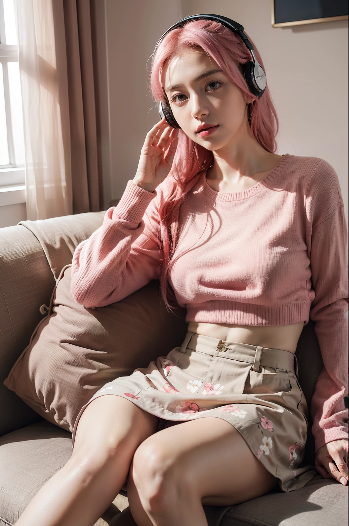 Kizi,Sit on a comfortable sofa,listen to song,Soft light,Pink hair,inside in room,Floral skirt,Bring headphones