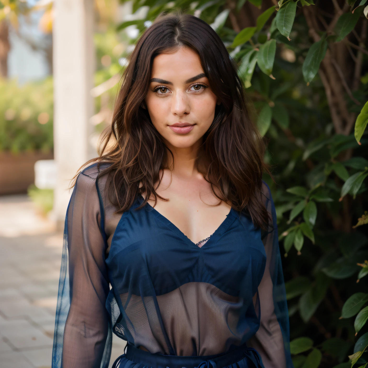 cute beautiful brunette, wearing blue sheer fabric ,full body, perfect angle, very detailed, 32 years old, flirty face, straight long hair, brown eyes, high-res, masterpiece, best quality,intricate details, highly detailed,sharp focus, detailed skin,realistic skin texture,texture, detailed eyes, professional, 4k, smile, shot on Canon, 85mm,shallow depth of field,kodak vision color, eyeshadow, extremely detailed, photo_\(ultra\), photorealistic, realistic, post-processing, max detail, roughness, real life, ultra realistic, photorealism, photography, 8k uhd, photography, braless, pokies