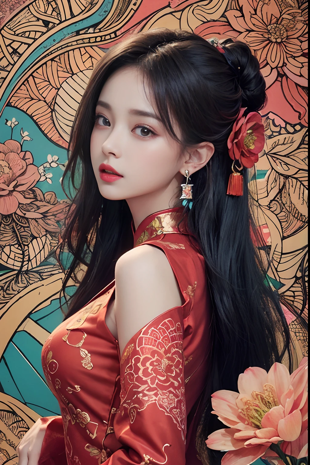 (masterpiece, top quality, best quality, official art, beautiful and aesthetic:1.2), (1girl:1.3), extremely detailed,(fractal art:1.1),(colorful:1.1)(flowers:1.3),highest detailed,(zentangle:1.2), (dynamic pose), (abstract background:1.3), (chinese Traditional cloth:1.2), (shiny skin), (many colors:1.4), ,(earrings:1.4),