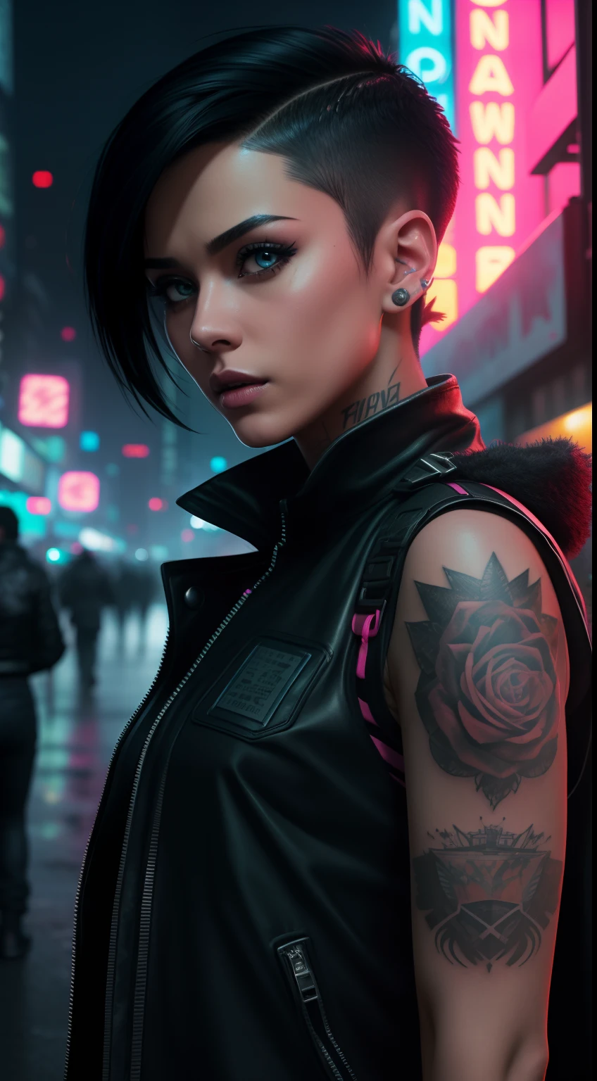 <lora:stellamaxwell_xl-000004:1> , stellamaxwell a beautiful woman, cyberpunk, tattoos, black hair, close up <lora:cyberpunk_xl-000004:1>