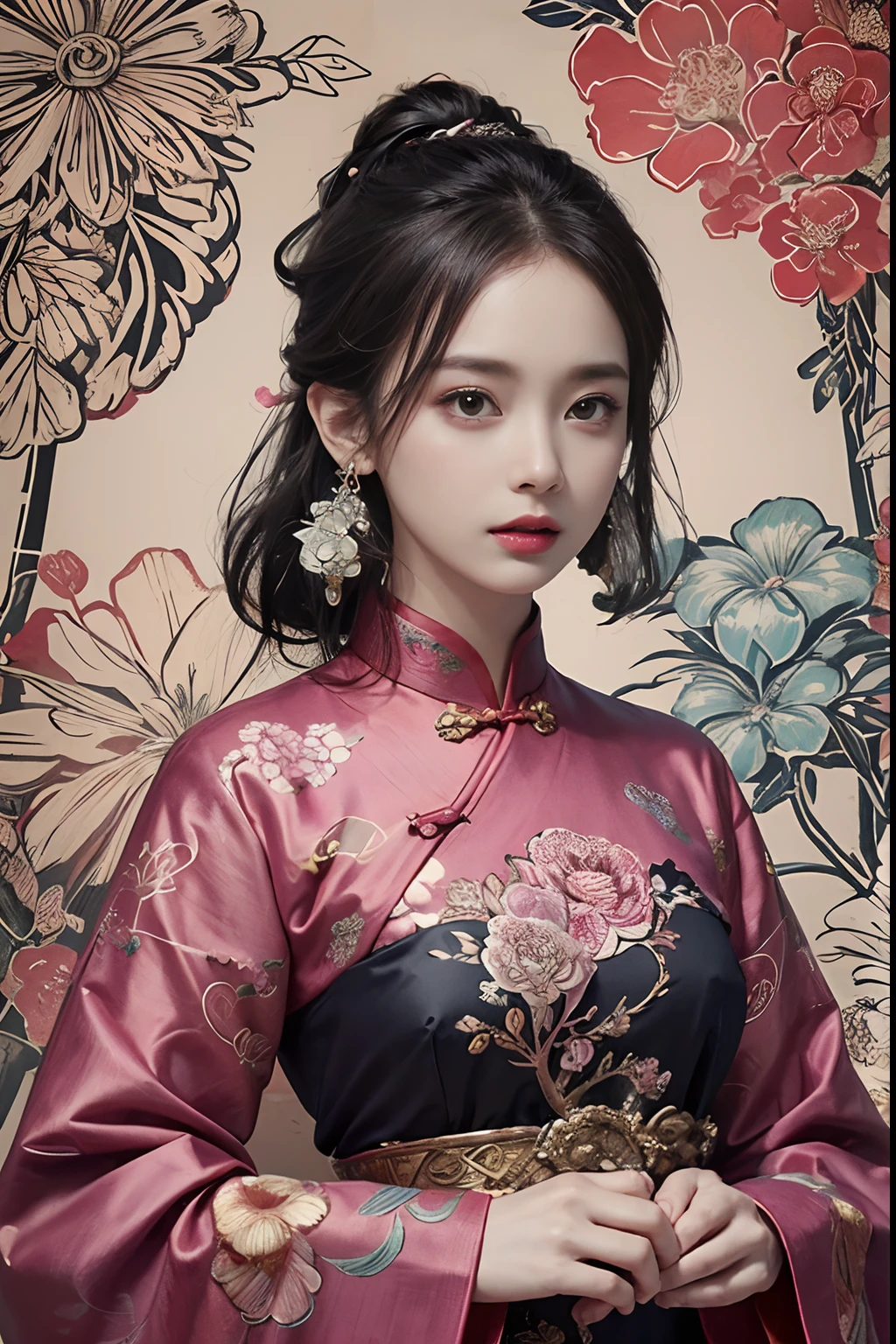 (masterpiece, top quality, best quality, official art, beautiful and aesthetic:1.2), (1girl:1.3), extremely detailed,(fractal art:1.1),(colorful:1.1)(flowers:1.3),highest detailed,(zentangle:1.2), (dynamic pose), (abstract background:1.3), (chinese Traditional cloth:1.2), (shiny skin), (many colors:1.4), ,(earrings:1.4),