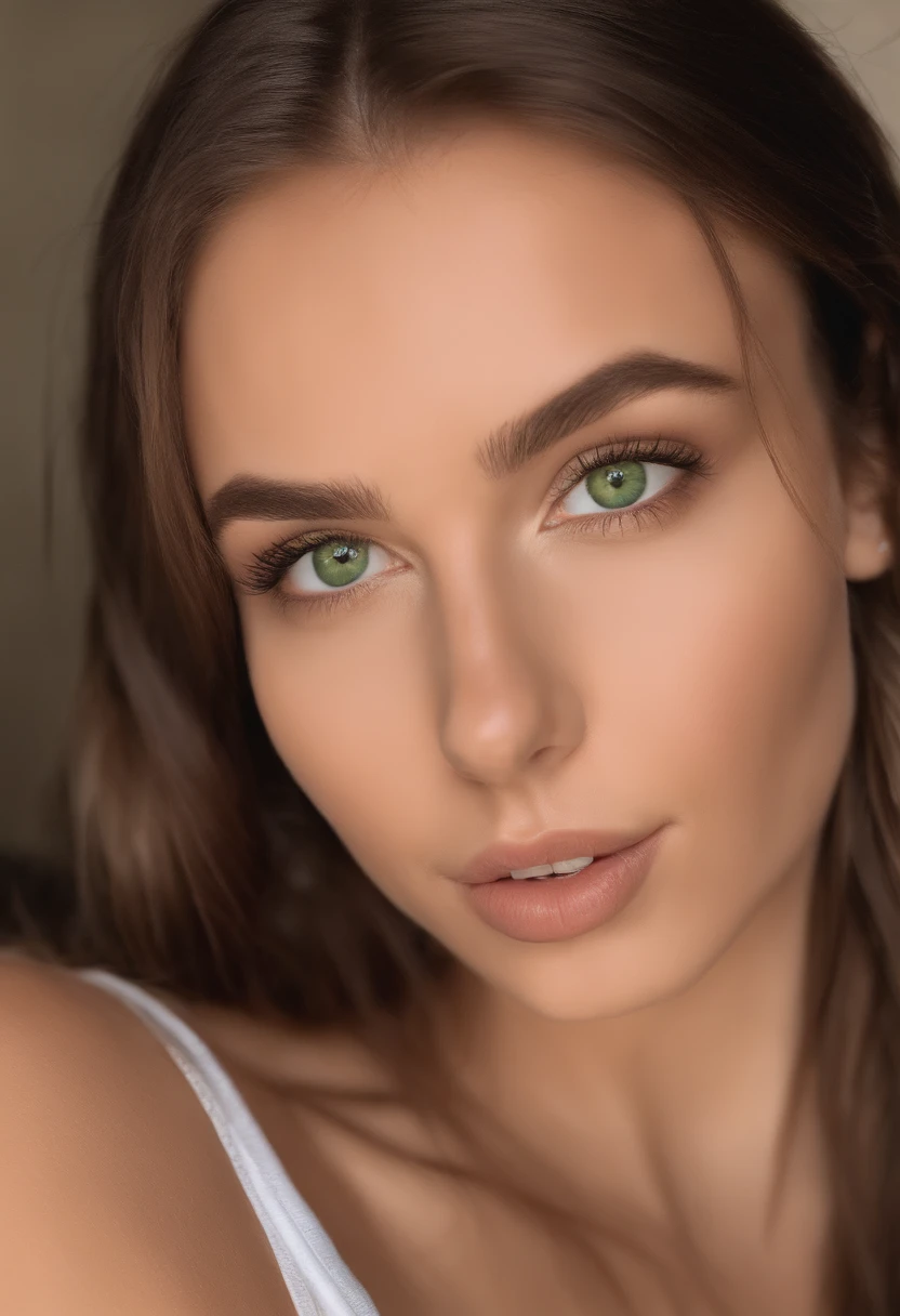 arafed woman with a white tank top and a necklace, sexy girl with green eyes, beach shot sophie mudd, brown hair and large eyes, selfie of a young woman, bedroom eyes, violet myers, without makeup, natural makeup, looking directly at the camera, face with artgram, subtle makeup, stunning closeupheadshot, piercing green eyes