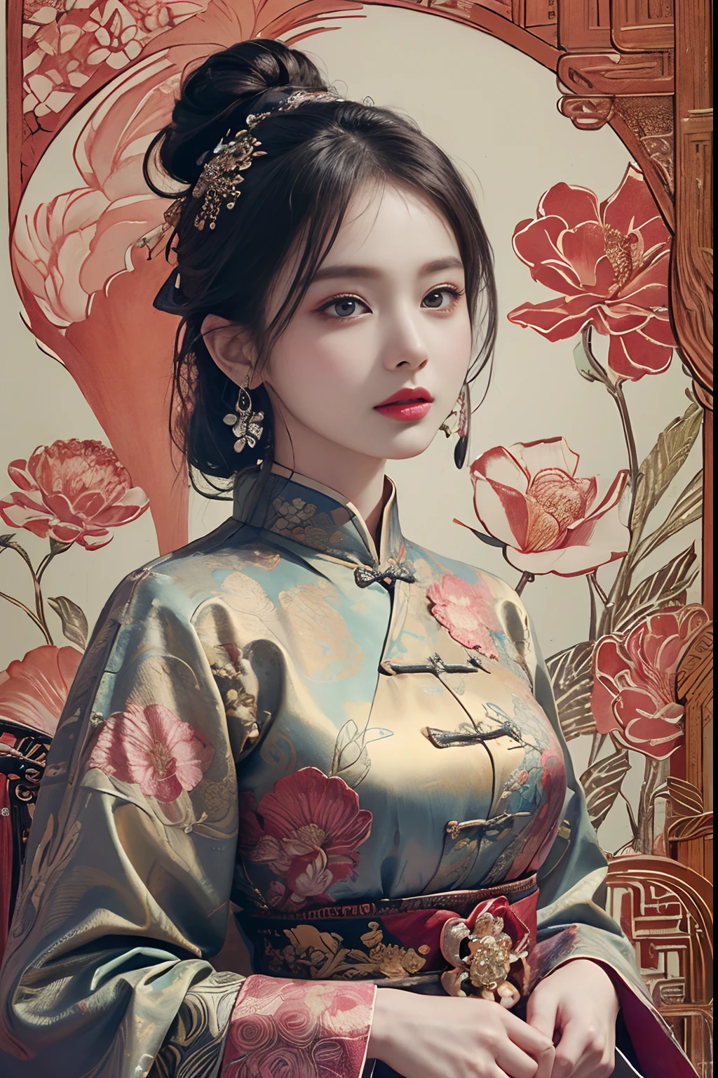 (masterpiece, top quality, best quality, official art, beautiful and aesthetic:1.2), (1girl:1.3), extremely detailed,(fractal art:1.1),(colorful:1.1)(flowers:1.3),highest detailed,(zentangle:1.2), (dynamic pose), (abstract background:1.3), (chinese Traditional cloth:1.2), (shiny skin), (many colors:1.4), ,(earrings:1.4),