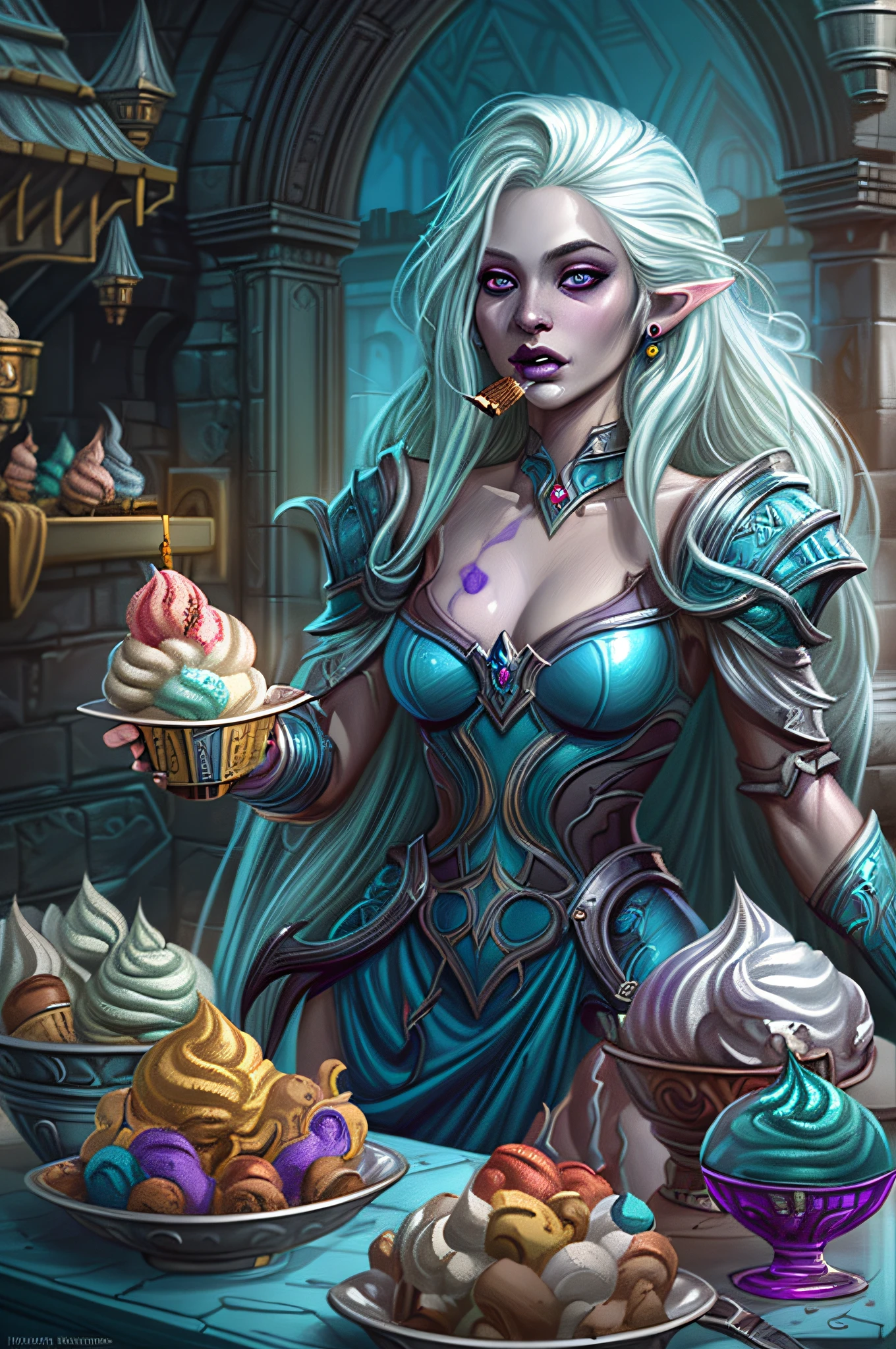 a portrait of female, photorealistic, fantasy art, RPG art,  drow eating ice cream, a female dark elf wizard (ultra detailed, Masterpiece, best quality, fantasy art), extremely beautiful, white hair, long hair, pulled back hair,  purple eyes, jewelry, chocker, wearing intricate blue dress,  eating ice cream (ultra detailed, Masterpiece, best quality, fantasy art), many flavors (ultra detailed, Masterpiece, best quality, fantasy art), magical lab background, fantasy art, high details, best quality, 16k, [ultra detailed], masterpiece, best quality, (ultra detailed), full body, ultra wide shot, photorealistic, fantasy art,