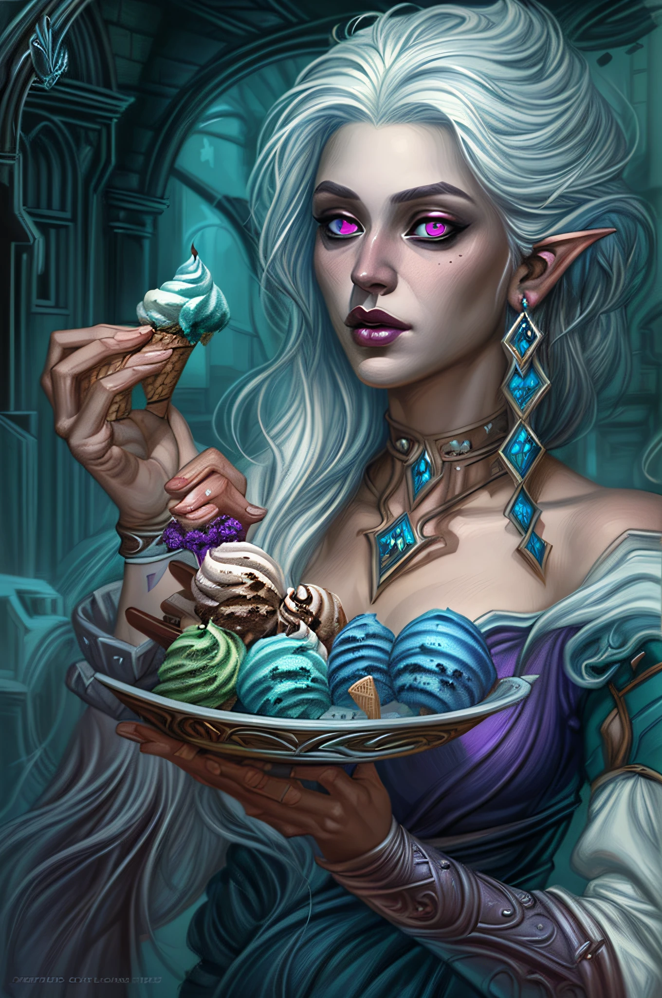 a portrait of female, photorealistic, fantasy art, RPG art,  drow eating ice cream, a female dark elf wizard (ultra detailed, Masterpiece, best quality, fantasy art), extremely beautiful, white hair, long hair, pulled back hair,  purple eyes, jewelry, chocker, wearing intricate blue dress,  eating ice cream (ultra detailed, Masterpiece, best quality, fantasy art), many flavors (ultra detailed, Masterpiece, best quality, fantasy art), magical lab background, fantasy art, high details, best quality, 16k, [ultra detailed], masterpiece, best quality, (ultra detailed), full body, ultra wide shot, photorealistic, fantasy art,