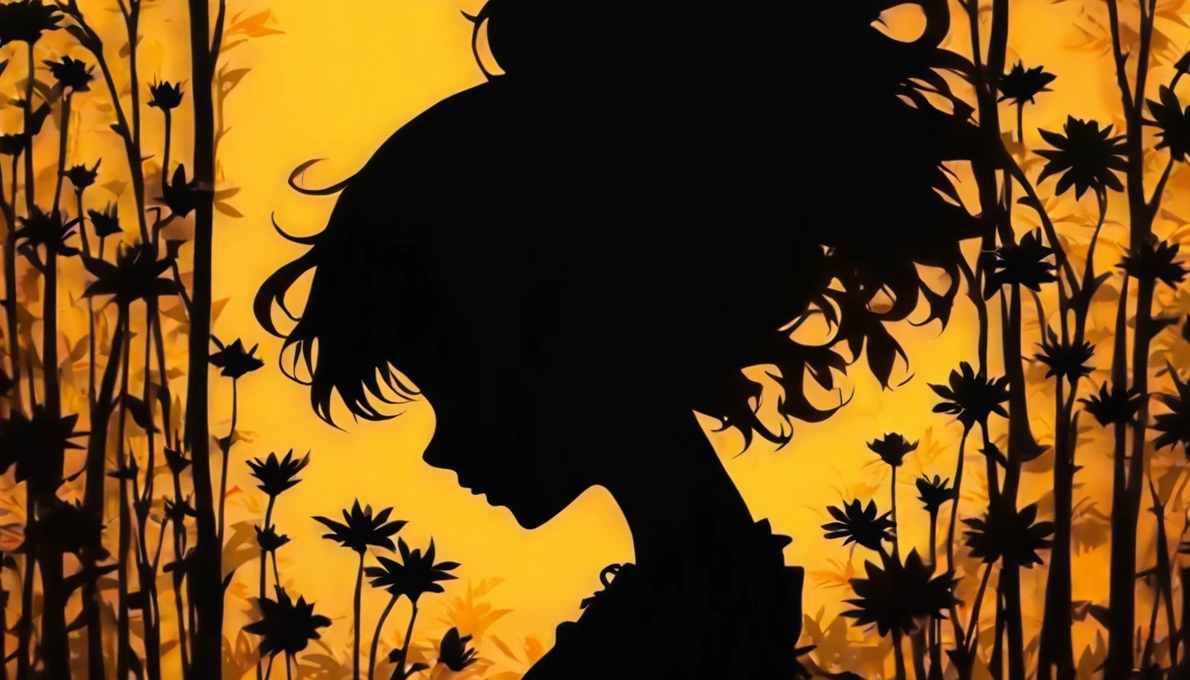(Silhouette Art,cutouts:1.6)
(((Paper cutting art,A world where only black exists:1.3)
(Cowboy Shot),1 girl,Solo,
(Kimono Girl,profile:1.2),white, Clear and beautiful face,
BREAK
(yellow sunflowers)
Textured glass background,