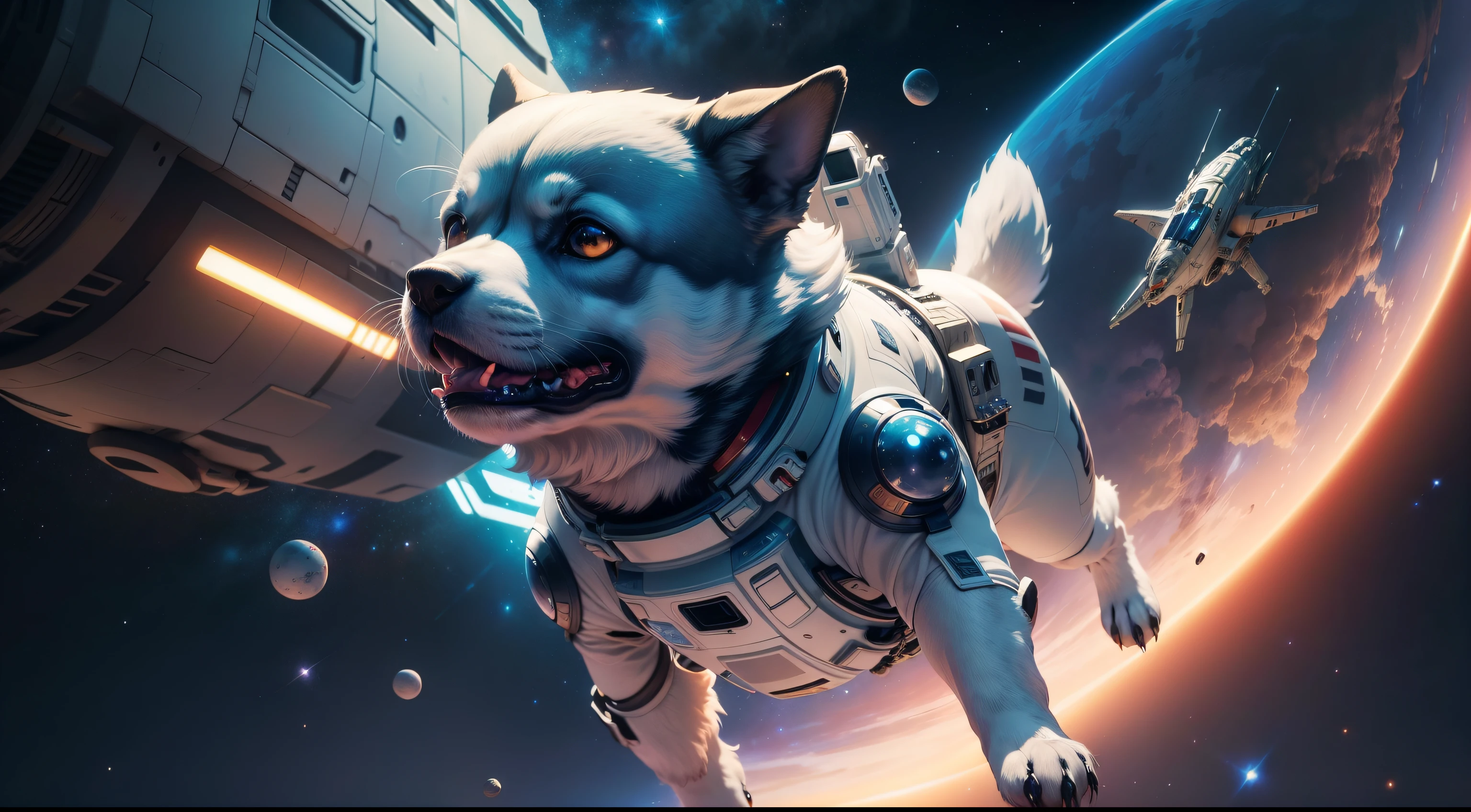 ((Best quality)), ((masterpiece)), ((anime)), detailed space dog full body, playing in detailed space galaxy, spaceship, sci fi, spaceman, inspired by star wars