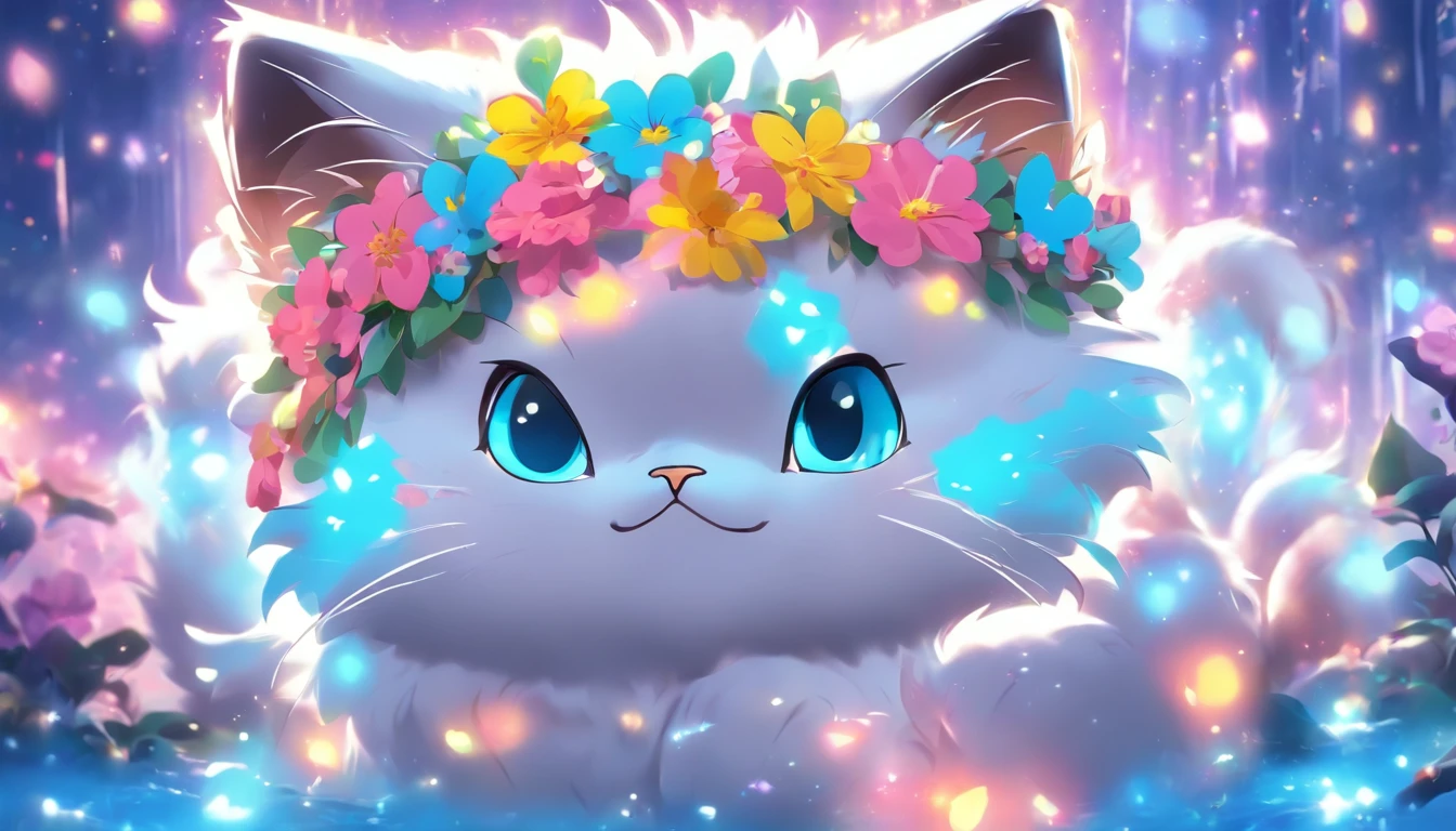 A cat, blue eyes, flower crown, bow on chest, (cute detailed digital art), (furry art), cute digital art, cute digital painting, very pretty cute, cute detailed artwork, (cute), cute digital art, detailed digital art painting, cute, cute artwork, cute cat anime visual effects, cute cat, cute, anime, cute animal kawaii cat, 8k