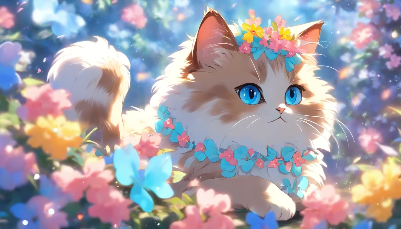 A cat, blue eyes, flower crown, bow on chest, (cute detailed digital art), (furry art), cute digital art, cute digital painting, very pretty cute, cute detailed artwork, (cute), cute digital art, detailed digital art painting, cute, cute artwork, cute cat anime visual effects, cute cat, cute, anime, cute animal kawaii cat, 8k