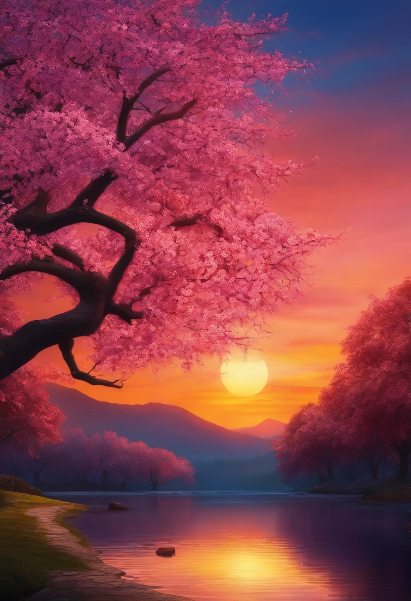 Sunset, cartoony, lake, cherry blossom tree