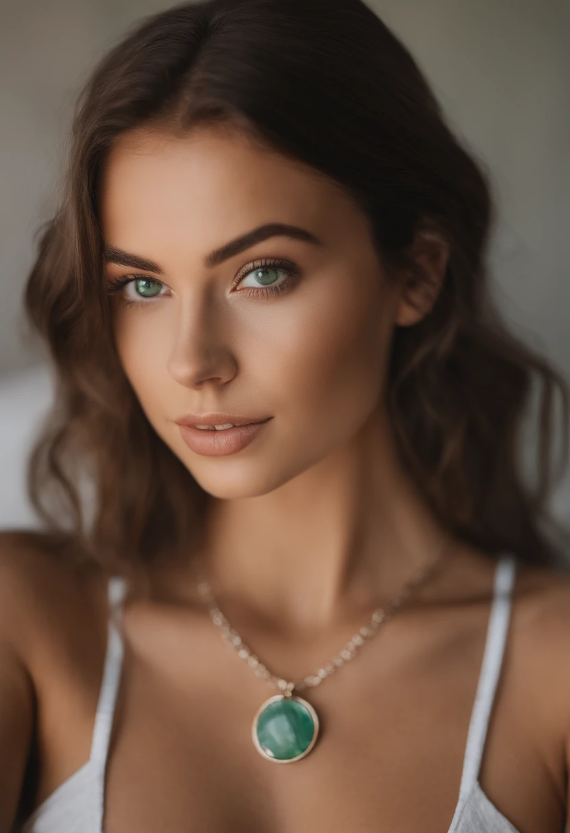 arafed woman with a white tank top and a necklace, sexy girl with green eyes, beach shot sophie mudd, brown hair and large eyes, selfie of a young woman, bedroom eyes, violet myers, without makeup, natural makeup, face with artgram, subtle makeup, piercing green eyes