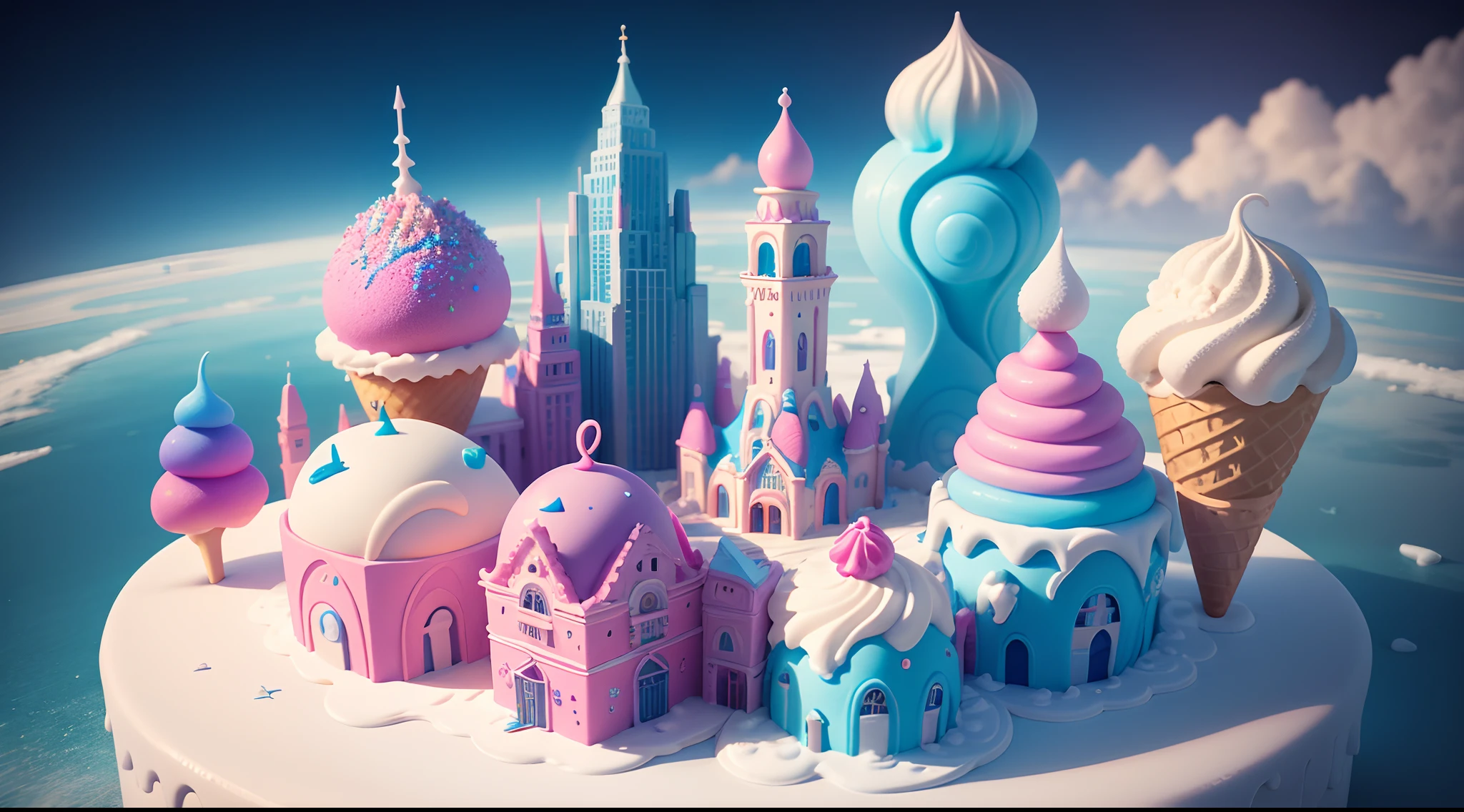 from, above, ice cream world, city on an ice cream cake, fantasy, unique architecture, all made from ice cream sculpture, sprinkles, colorful, vibrant, uhd, 8k