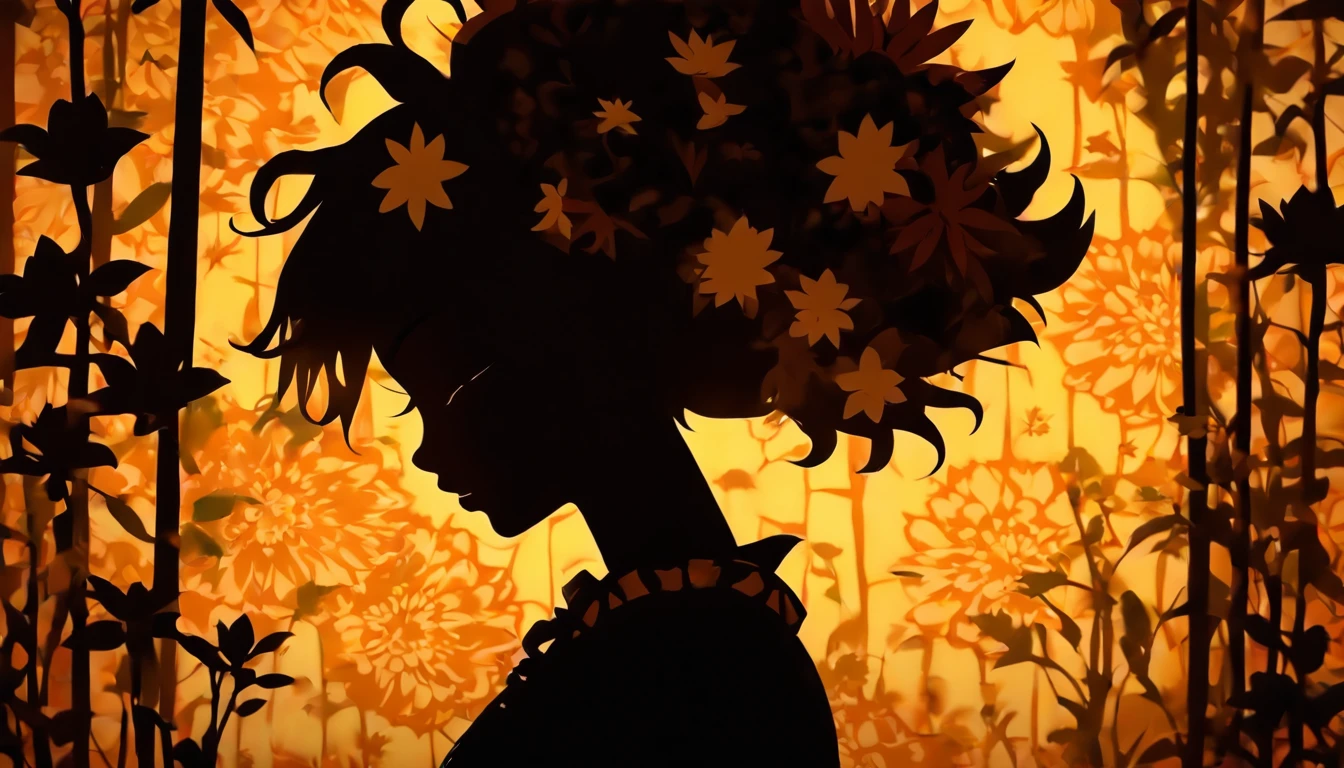 (Silhouette Art,cutouts:1.6)
(((Paper cutting art,A world where only black exists:1.3)
(Cowboy Shot),1 girl,Solo,
(Kimono Girl,profile:1.2),white, Clear and beautiful face,
BREAK
(Yellow sunflower single flower)
Textured glass background,