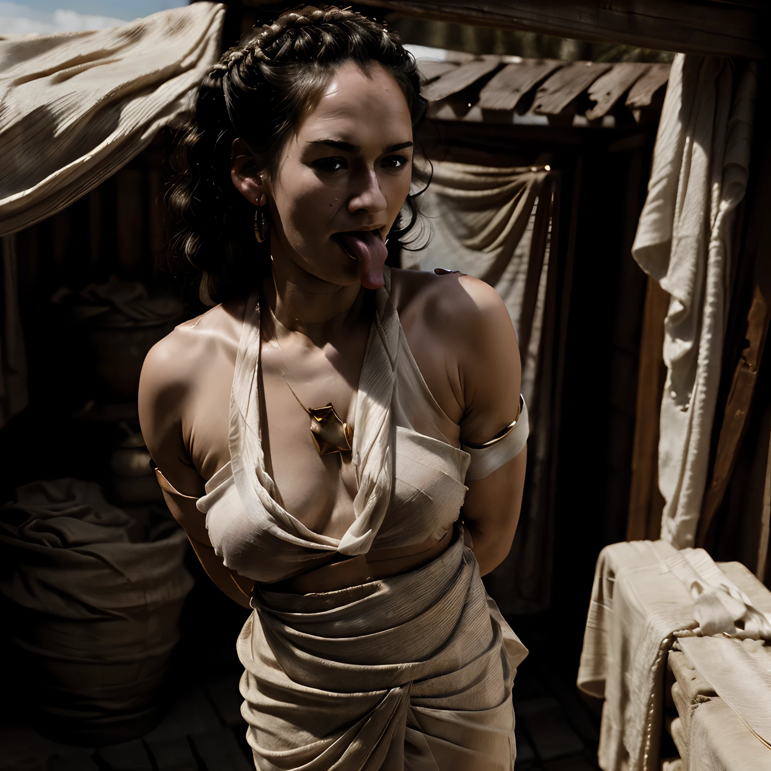 16 K, hight resolution, masterpiece, Best Quality, finely detailed skin, Sharp Focus, (Cinematic lighting), Soft lighting, 1girl in, (Ultra-realistic portrait of Gorgo300-SMF:1.35), Solo, (Sheer white Greek toga:1.2, armlet, Black hair, letterbox, Jewelry, a necklace, Bare shoulders, Bracelet), (in Abandoned hut:1.15), (Tongue out:1.5, Exposed shaved armpits:1.35, super gigantic :1.5),