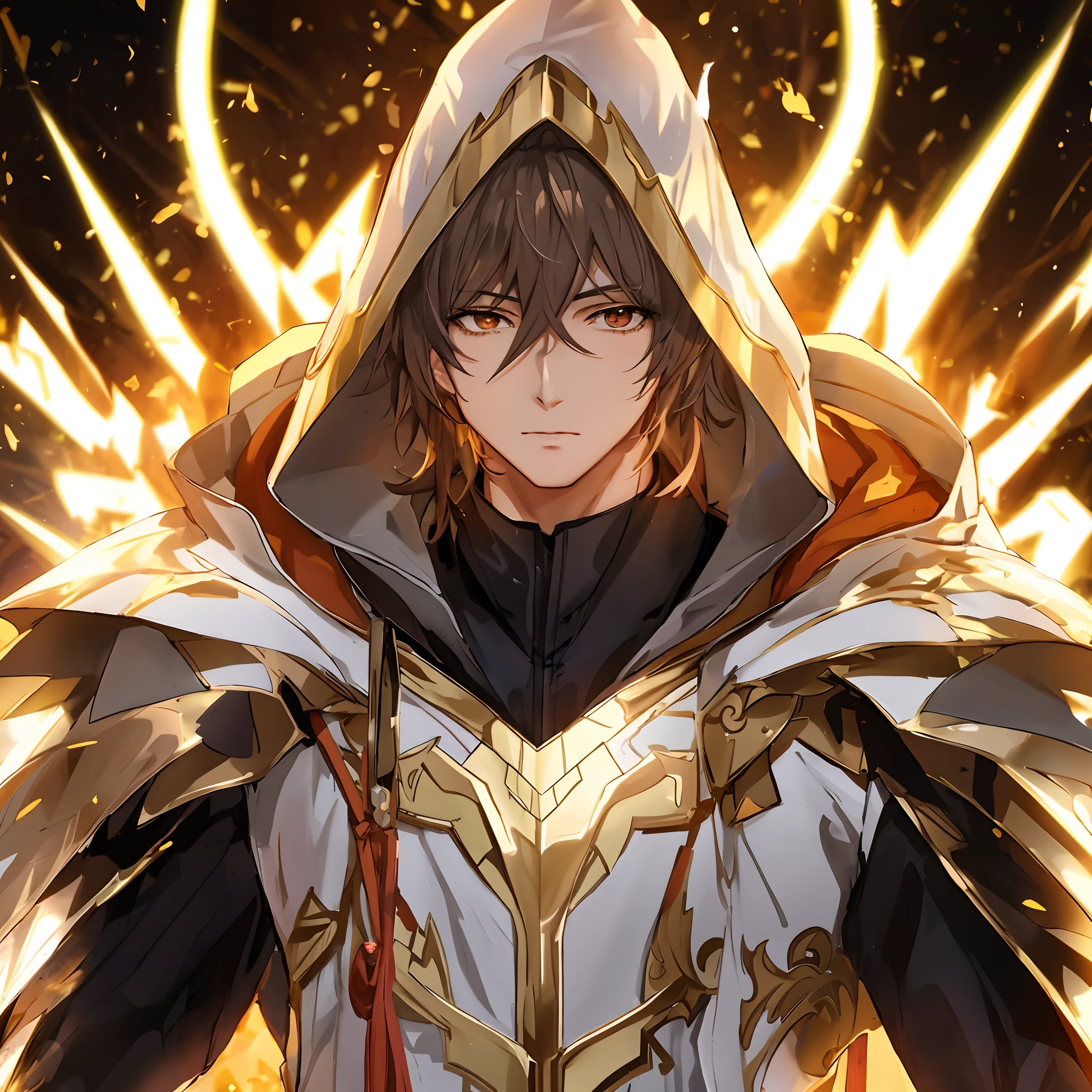 personagem de anime com um capuz ligado e um fogo no fundo, Keqing de Genshin Impact, Personagem Genshin Impact, Paladino Santo, paladino de ouro, um paladino masculino humano, arte chave detalhada do anime, arte chave do anime, vestido com armadura leve, cara bonito na arte demon slayer, picture of a male cleric, arte detalhada do personagem de anime, Paladino masculino