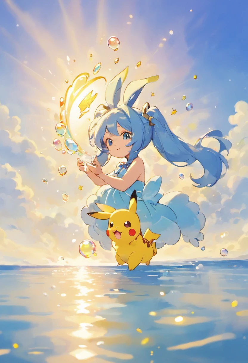 A touching scene in ultra-high definition 3D showcasing Pikachu making a wish beside a tranquil lake. Pikachu, beautifully rendered in detail, is seen gently blowing bubbles into the air, each one carrying a hopeful wish. The bubbles catch the reflection of the setting sun, creating a dreamy, magical effect. The overall atmosphere is tender, filled with hope and serenity, absurdly long hair, big hair, (light blue hair:1.2), two-tone hair, hair fluttering in the wind, light blue rabbit-ear hair ornaments, twintails