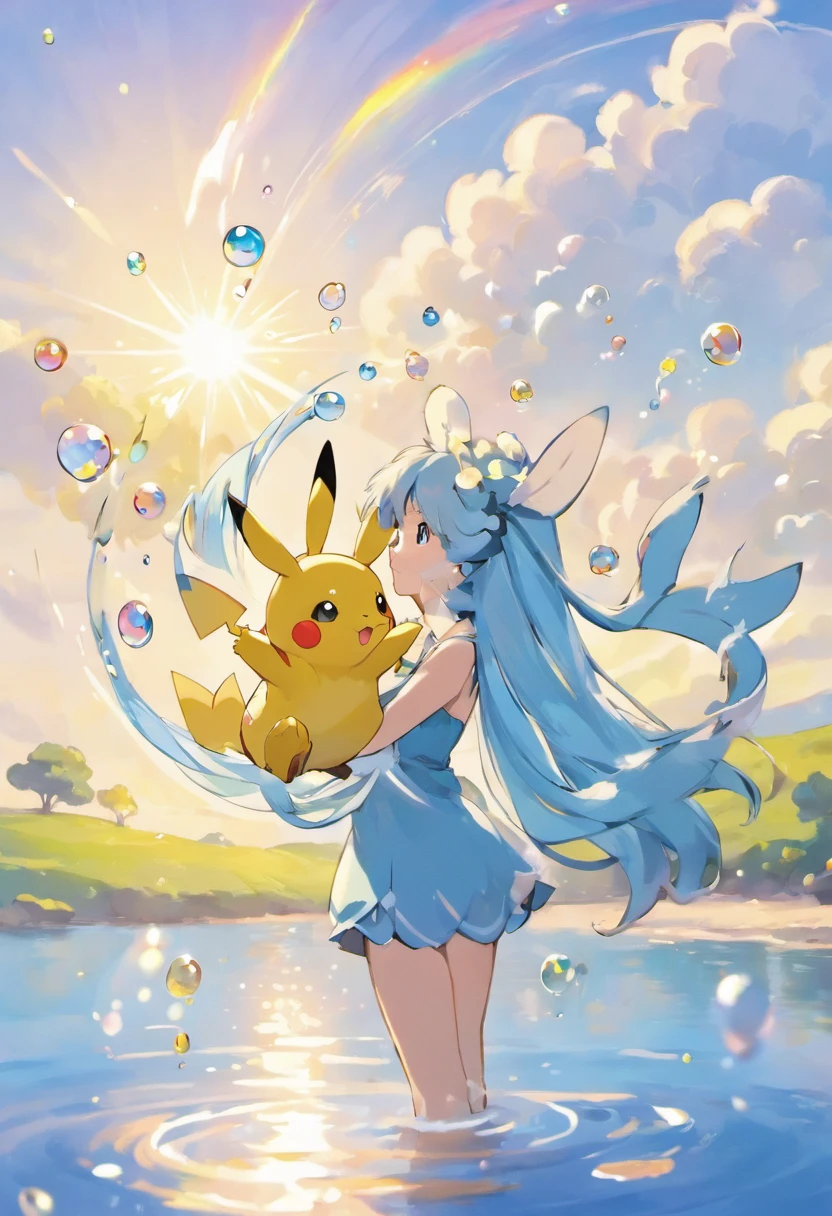 A touching scene in ultra-high definition 3D showcasing Pikachu making a wish beside a tranquil lake. Pikachu, beautifully rendered in detail, is seen gently blowing bubbles into the air, each one carrying a hopeful wish. The bubbles catch the reflection of the setting sun, creating a dreamy, magical effect. The overall atmosphere is tender, filled with hope and serenity, absurdly long hair, big hair, (light blue hair:1.2), two-tone hair, hair fluttering in the wind, light blue rabbit-ear hair ornaments, twintails