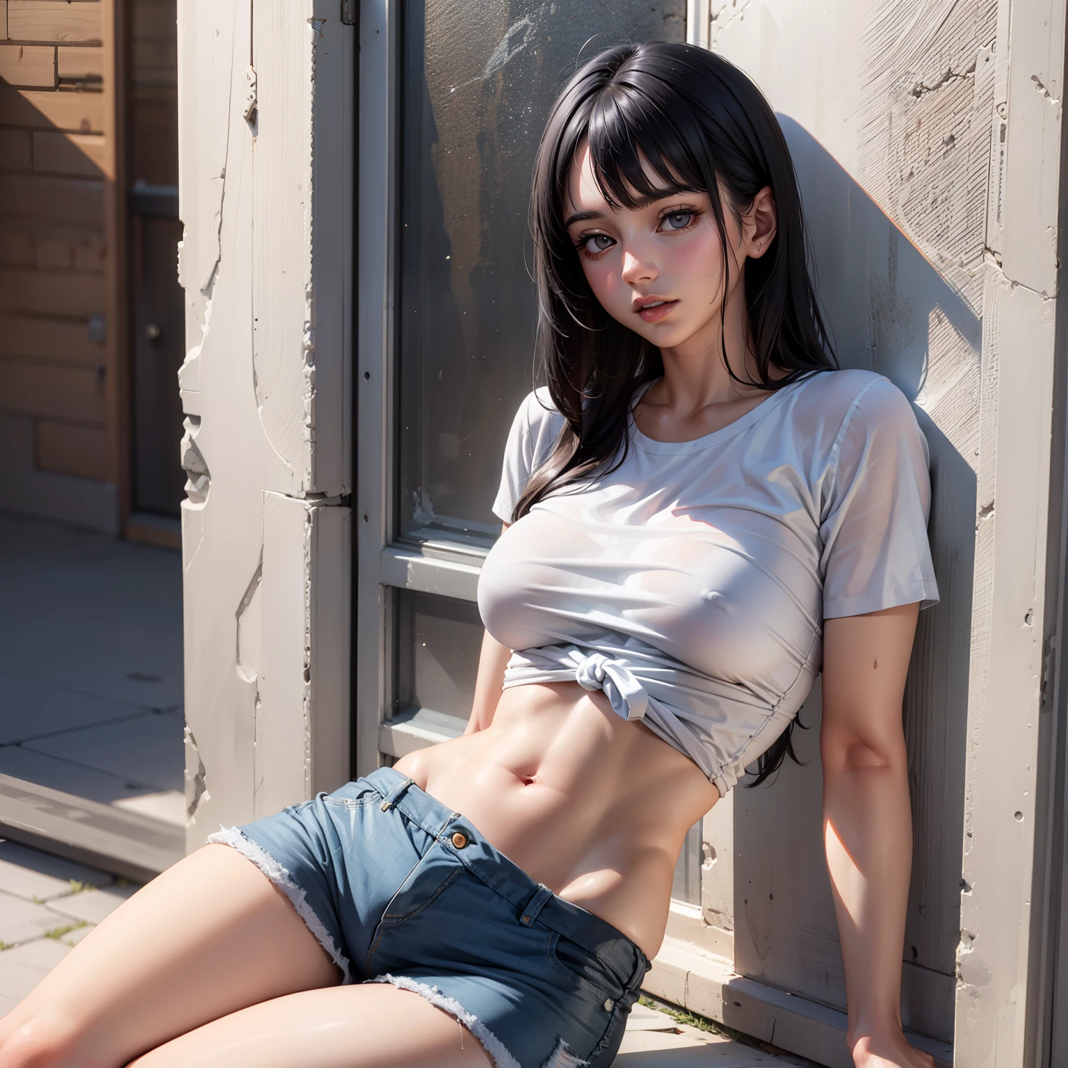 23 year old tall woman with cool black hair, wearing a white shirt with her breasts almost showing, scratching her belly and gray shorts.