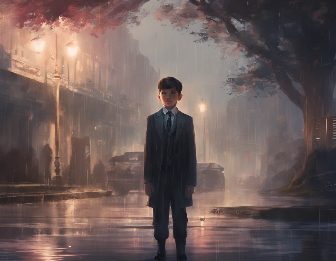 Imagine a young boy, dressed in a sharp suit in rainy days