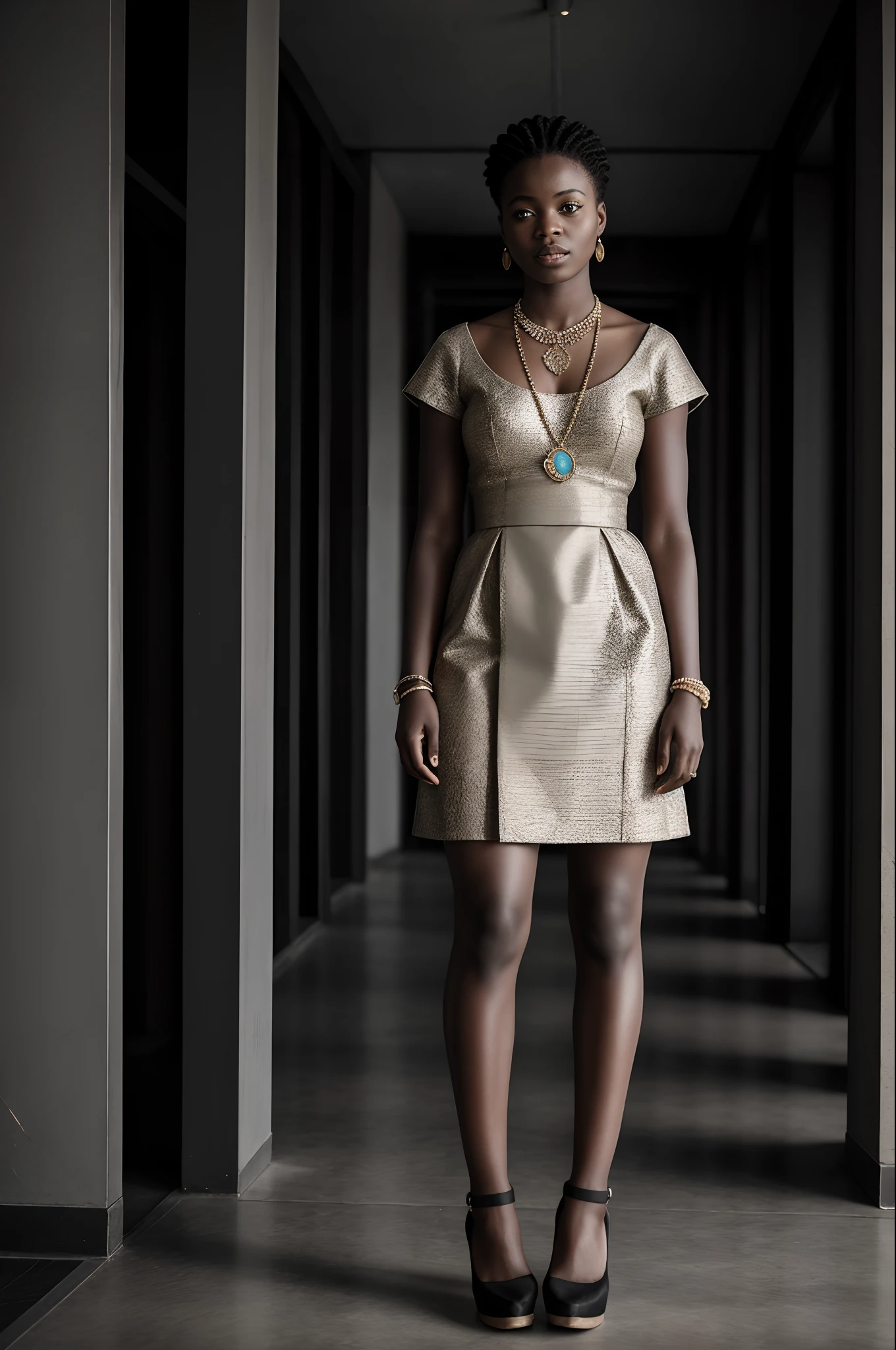Photo of a 22yo congolese woman, necklace, crowded papers room, full body, neutral colors, barren land