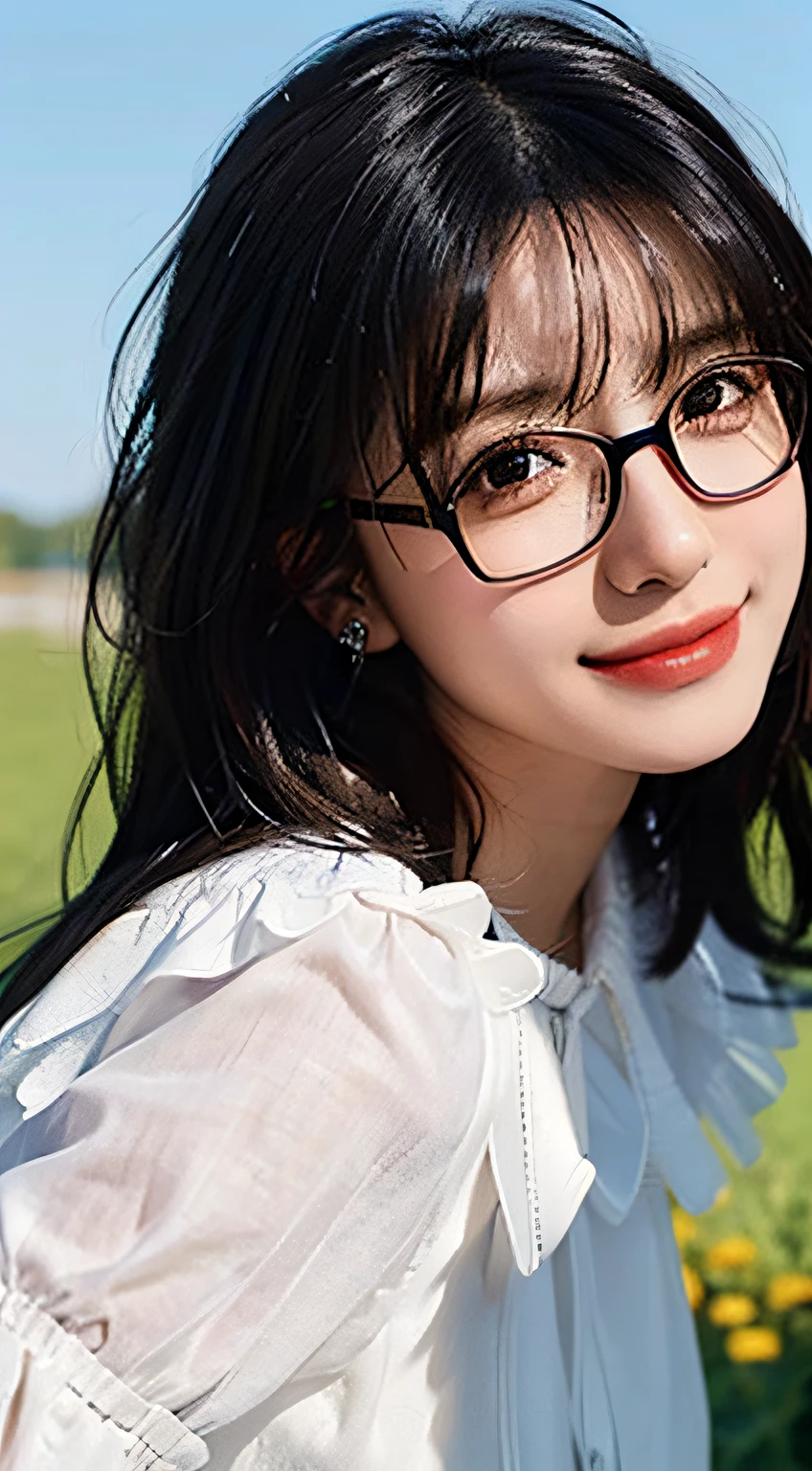1girll,From the top,Black fringed hair,There are small flowers on the head,Messy hair,Black eyes,Sweet smile,wears glasses,White color blouse,grassy fields,flower sea,blue-sky,Realistic light and shadow,intricately details:1.2,tmasterpiece:1.3,top-quality:1.4,Super A resolution,A detailed eye,Detailed facial features,