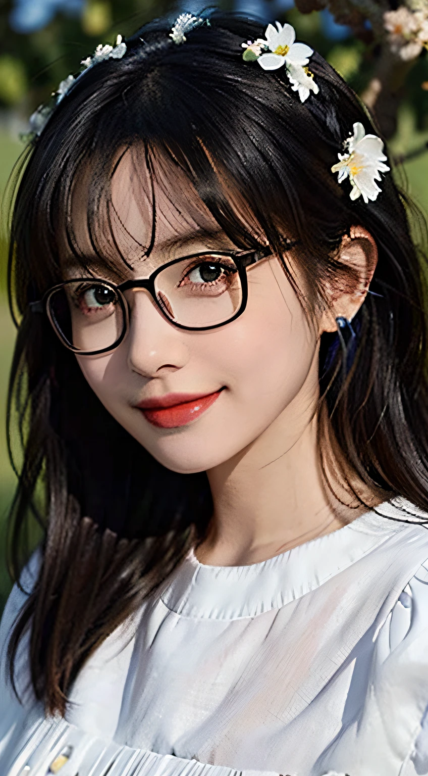 1girll，From the top，Black fringed hair，There are small flowers on the head，Messy hair，Black eyes，Sweet smile，wears glasses，White color blouse，grassy fields，flower  sea，blue-sky，Realistic light and shadow，intricately details:1.2，tmasterpiece：1.3，top-quality：1.4，Super A resolution，A detailed eye，Detailed facial features，