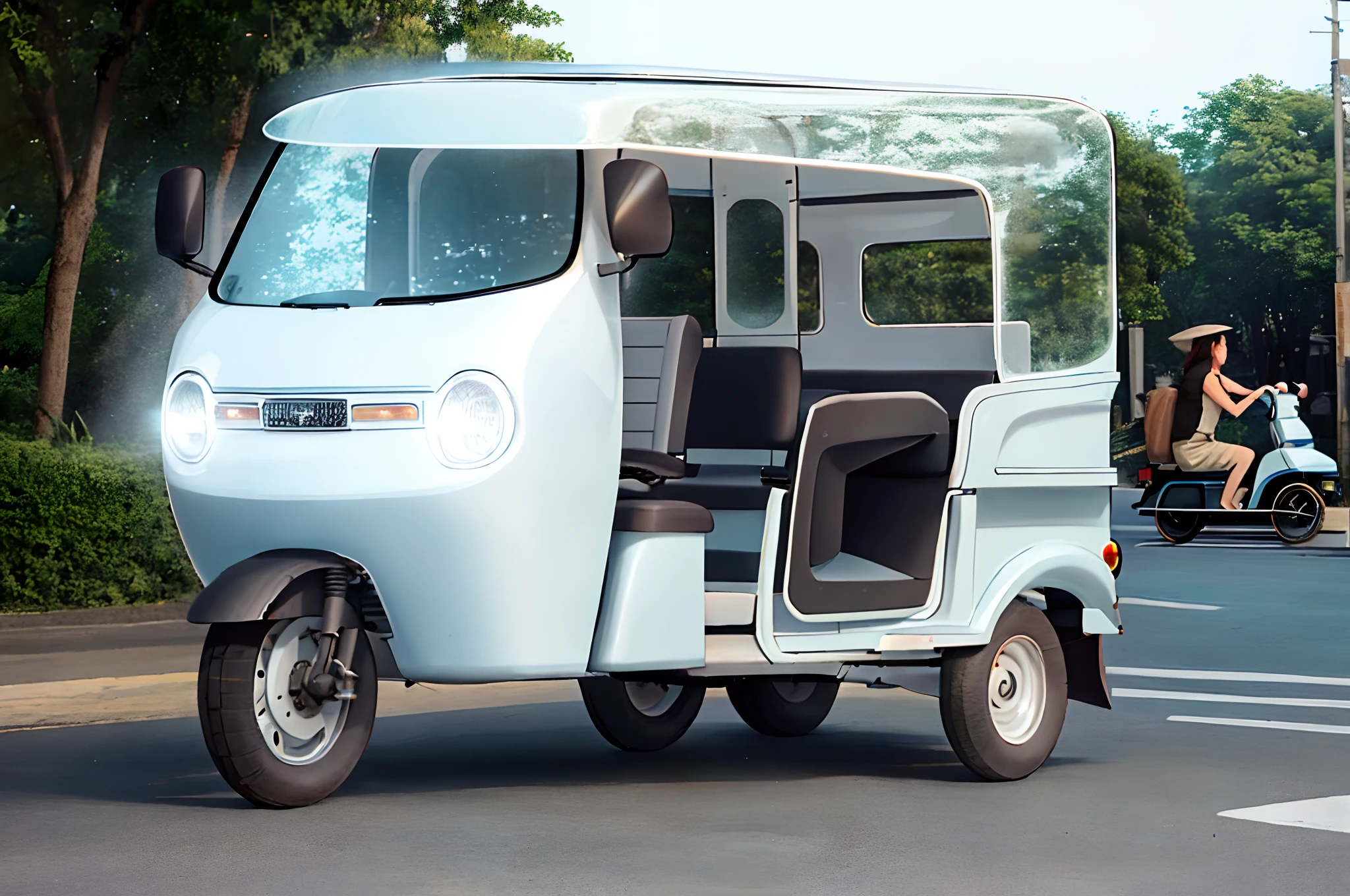 Three-wheeled tuk-tuk,White car paint shape,Rich shapes,Overall roundness,Drive on the streets of Cambodia。