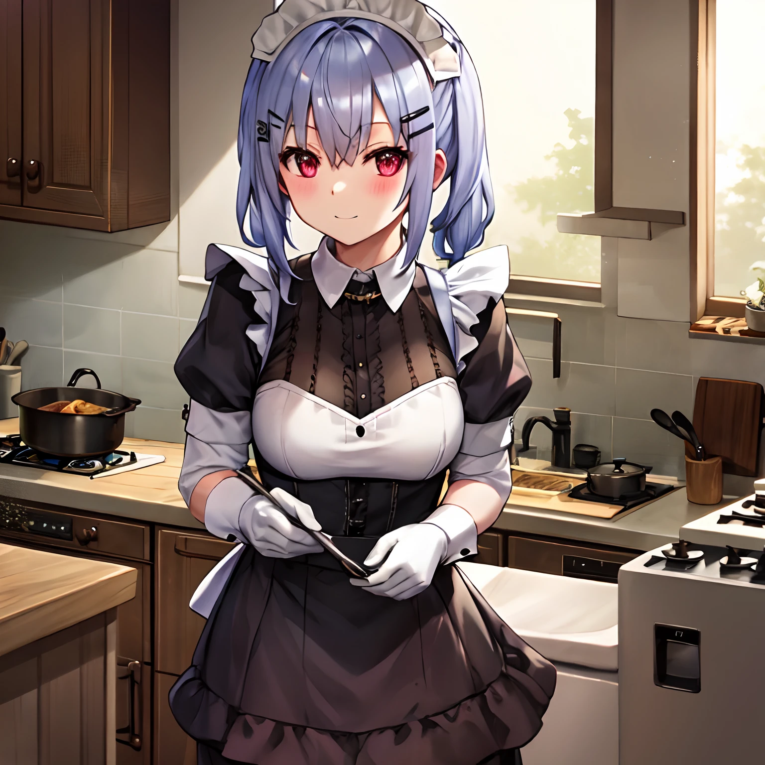 White hair, maid costume, kitchen