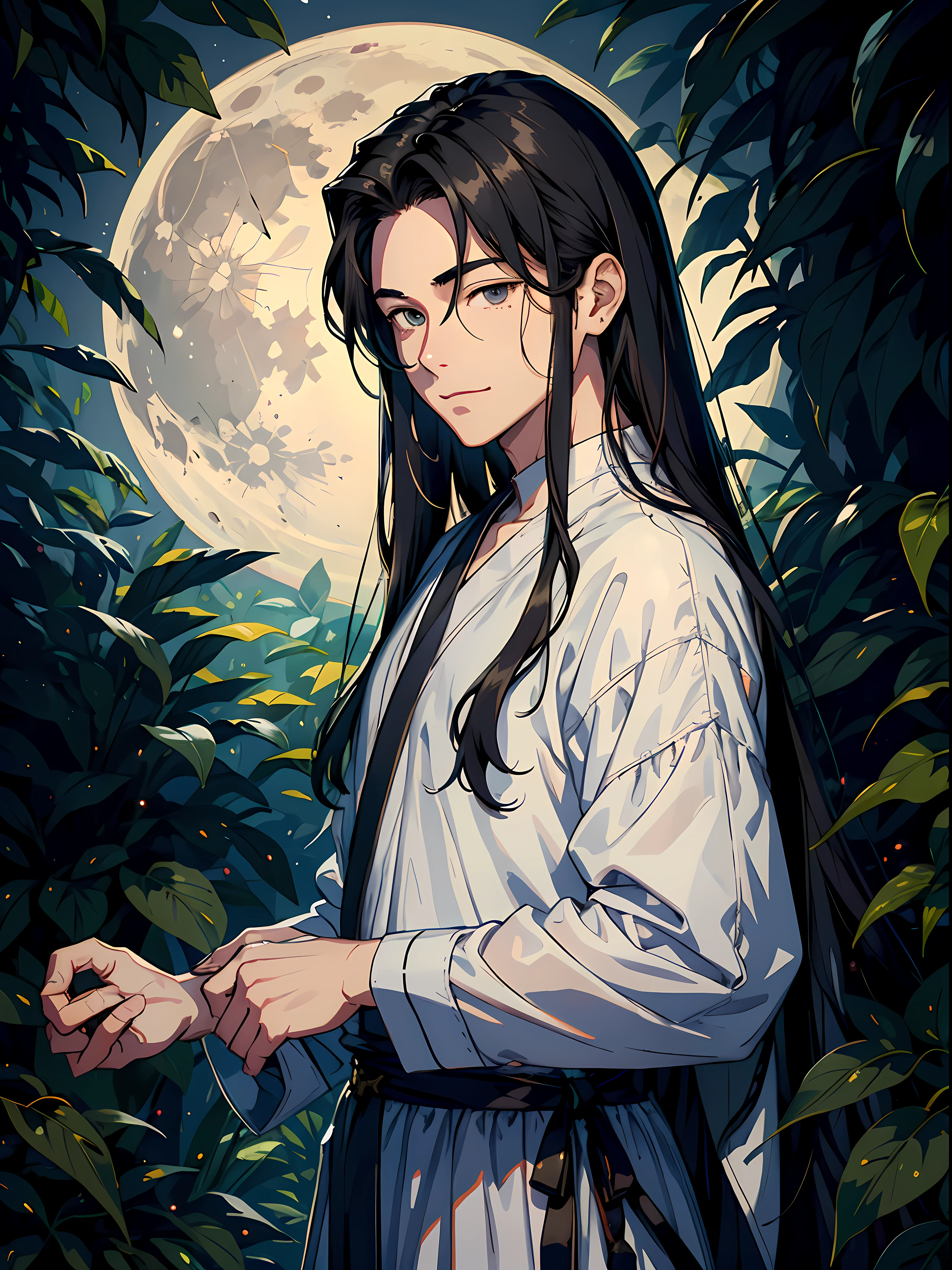 anime no vestido branco segurando uma faca na frente de uma lua cheia, cara bonito na arte demon slayer, Retrato anime de um homem bonito, anime exuberante john 8k madeiras, homem bonito anime, Anime Tribal Boy com cabelo longo, Digital anime illustration, Demon Slayer rui fanart, handsome japanese demon boy, jovem homem de anime, arte anime de alta qualidade, pose de anime bonito