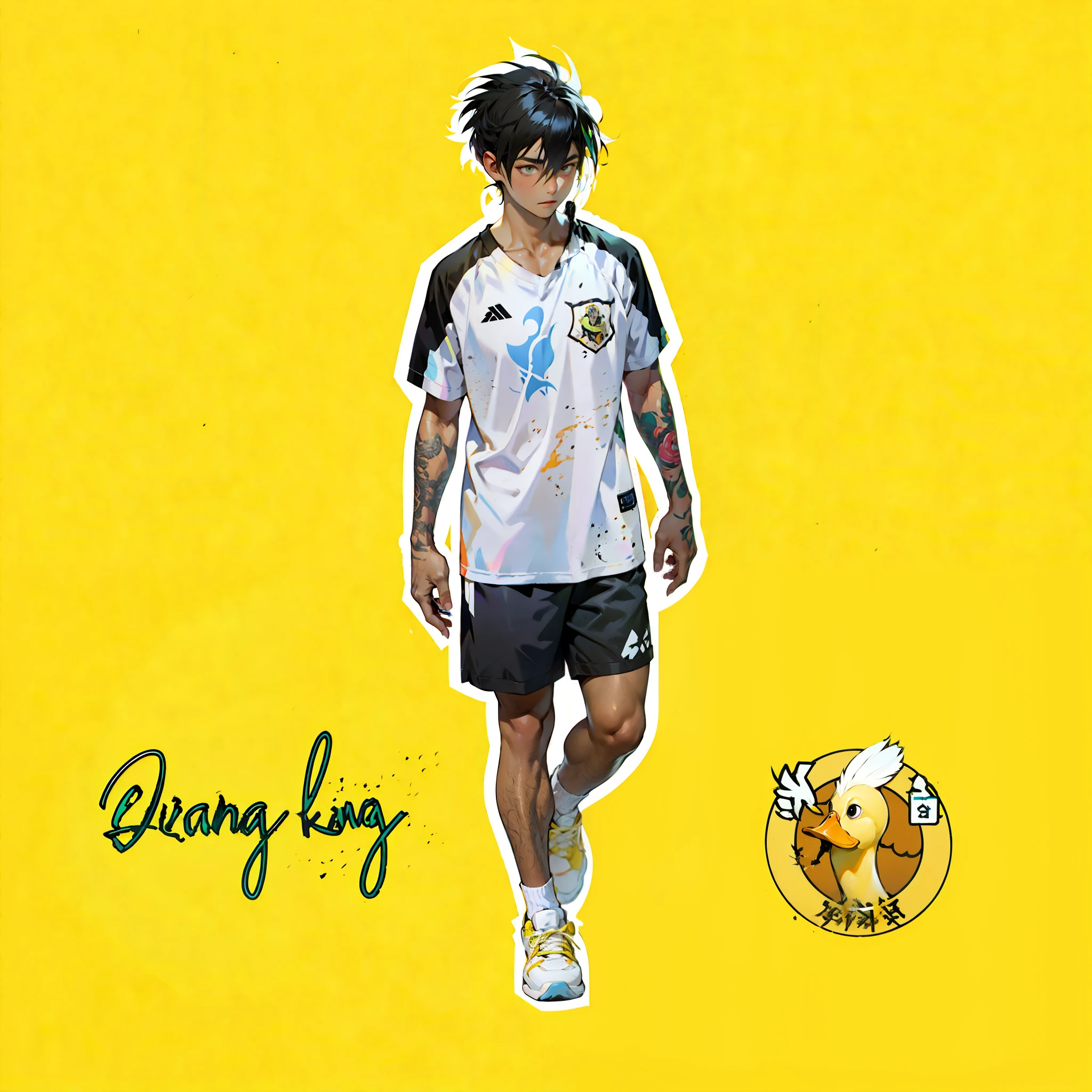 A boy, duck hybrid, messy long white hair, with yellow locks, confused expression, white shirt and shorts, duck feathers and ducktail