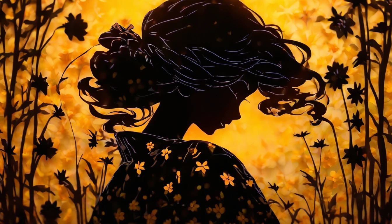 (Silhouette Art,cutouts:1.6)
(((Paper cutting art,A world where only black exists:1.3)

(Cowboy Shot),1 girl,Solo,
(Kimono Girl,profile:1.2),white, Clear and beautiful face,

BREAK
(Single Yellow Sunflower)
Textured glass background,