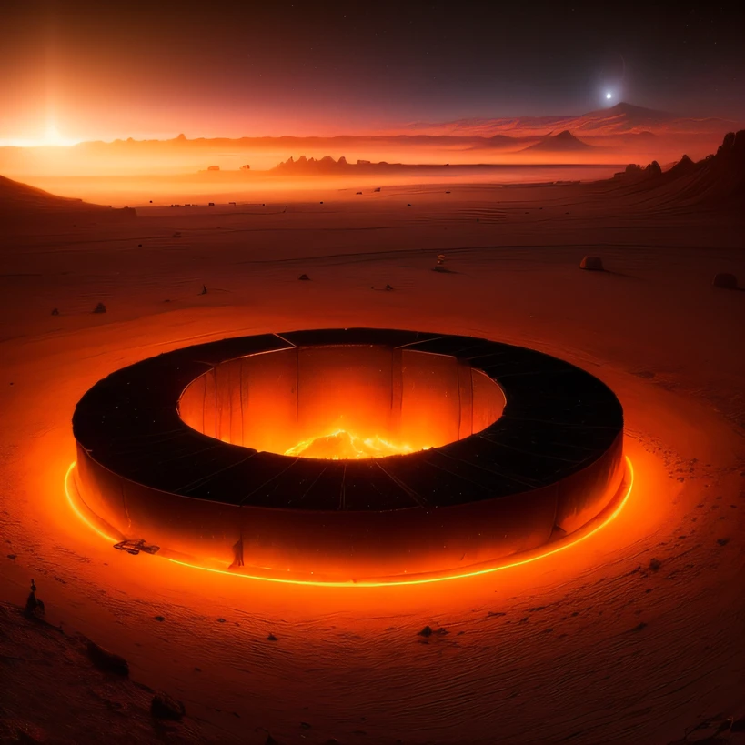 Alien base (Very detailed) In the mountainous desert,There are several exhaust fans and chimneys, Some spotlights come out of the base to illuminate dark places, (Extreme nights), Some clouds in the night sky, Some of the surrounding planets provide air to unknown planets,The farthest giant volcano is erupting