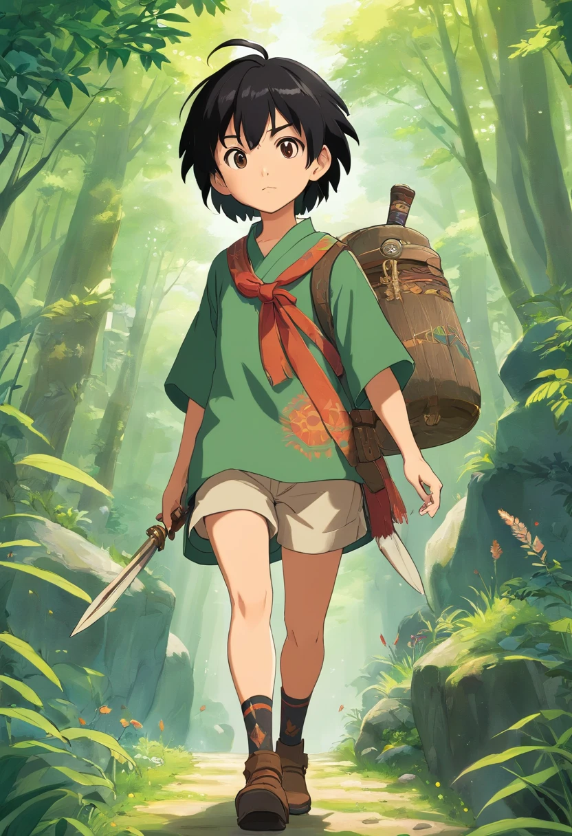 Young 17-year-old shooter, black skin, short black hair, He wears a tunic with earthy colors and tribal patterns, along with shorts and boots. . He is the grandson of the old woman of the tribe. It is serious and imposing. Use a bronze bow and silver arrows