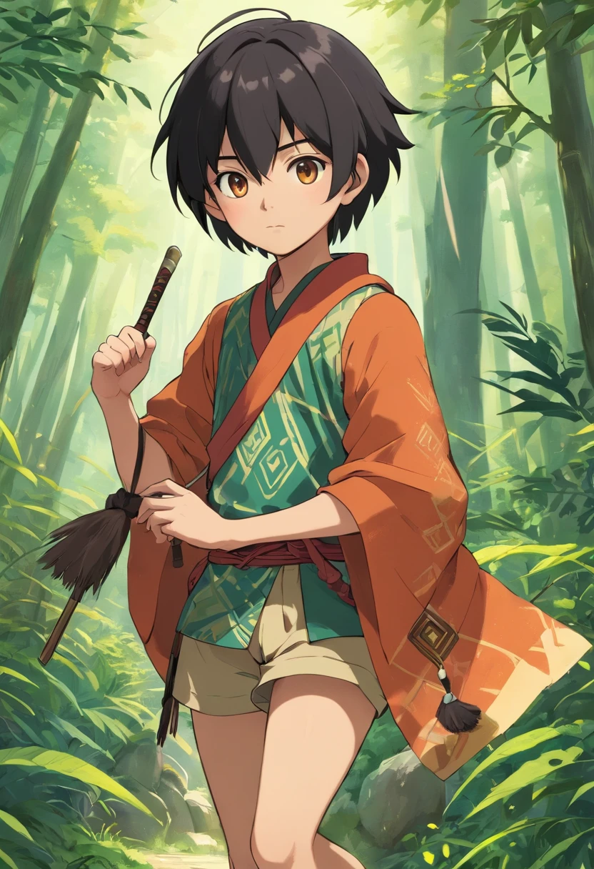 Young 17-year-old shooter, black skin, short black hair, He wears a tunic with earthy colors and tribal patterns, along with shorts and boots. . He is the grandson of the old woman of the tribe. It is serious and imposing. Use a bronze bow and silver arrows