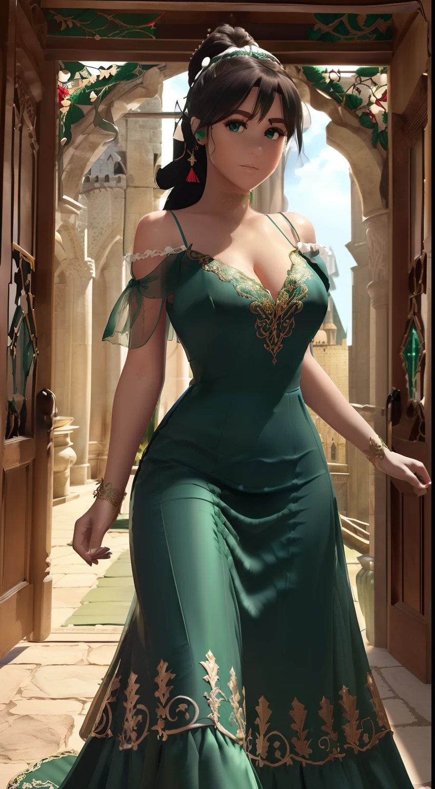 ((Transparent emerald green gothic type long dress(Gold and red three-dimensional embroidery,White decoration))),​masterpiece, top-quality, 超A high resolution,8K,32K,1girl in,Girl walking in stone corridor in medieval Europe, (Photorealsitic:1.5), natural soft light, Beautiful fece, Detailed puffy eyes, 年轻, A detailed eye, Detailed skin and fabric texture,((curlyhair, cabelos preto e longos,High Up Ponytail,Cute big white ribbon on ponytail)), (((Tube Top,off shoulders,v neck,Emerald Green Silk Long Dress、White decoration))),adolable, striated hair,kindly smile, Red Jade Necklace, is standing, Teen, japanaese girl, (((Inside a castle in medieval Europe、Emerald green long dress(Colossal tits,Sensual body lines,Gothic ta)))),Poses in motion,dynamicposes,dynamic ungle,Background with(stone pavement、Stone corridor,Inside a castle in medieval Europe,rokoko,gotik,Brick building)