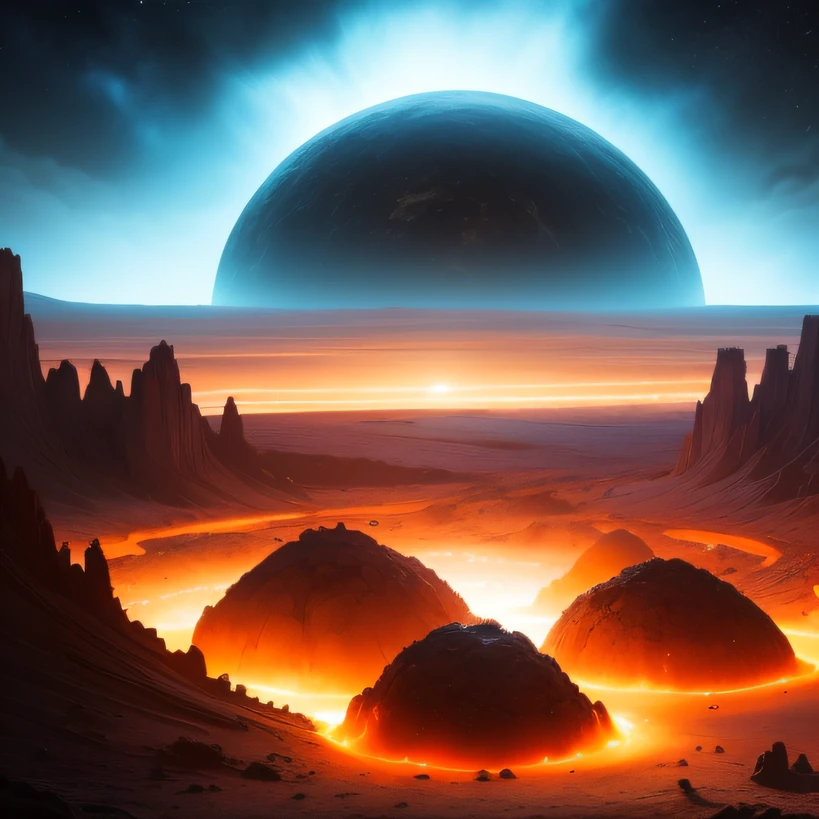 Alien base (Very detailed) In the mountainous desert,There are several exhaust fans and chimneys, Some spotlights come out of the base to illuminate dark places, (Extreme nights), Some golden clouds in the night sky, Some of the surrounding planets provide air to unknown planets,The farthest giant volcano is erupting