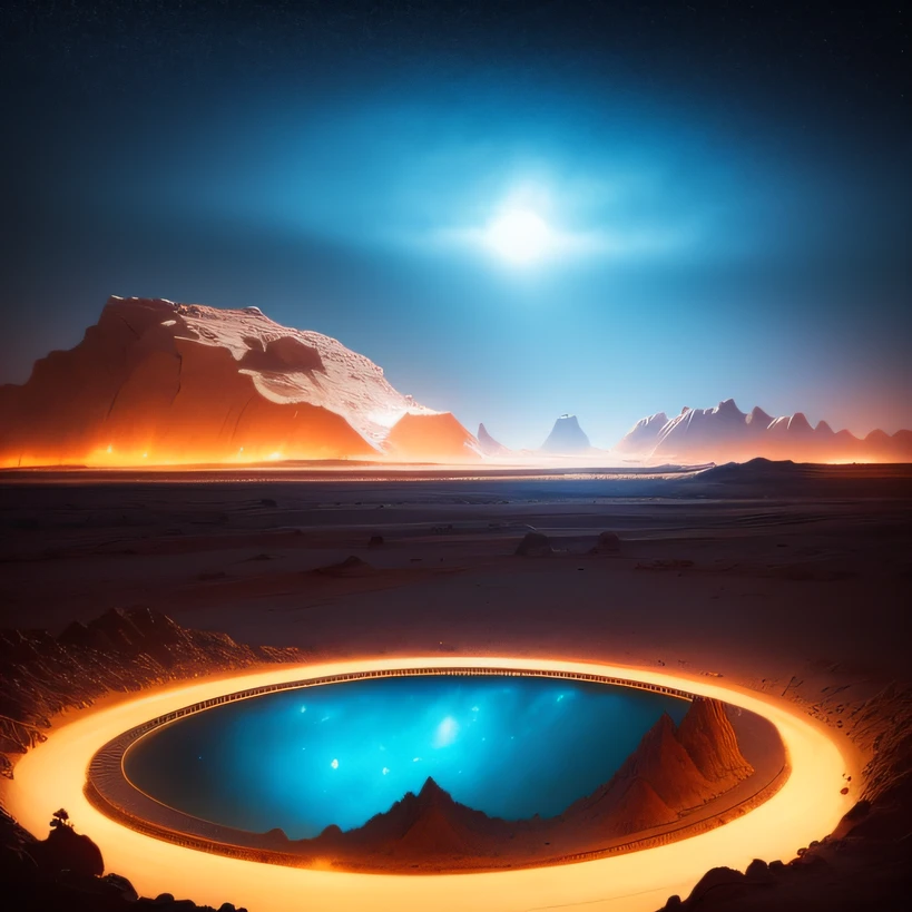 Alien base (Very detailed) In the mountainous desert,There are several exhaust fans and chimneys, Some spotlights come out of the base to illuminate dark places, (Extreme nights), Some golden clouds in the night sky, Some of the surrounding planets provide air to unknown planets,The farthest giant volcano is erupting