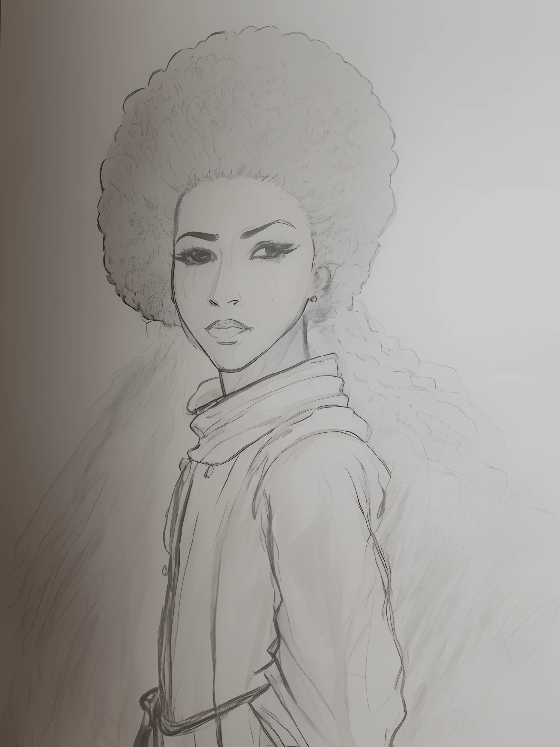 Drawing of a woman with a large afro in a dress, Verblichene Zeichnung, Handsome samurai with afro, Samurai mit Afro, Matte Skizze, detailliert, aber grob, Alte Skizze, lose Bleistiftskizze, Grobe Skizze, eine Bleistiftskizze, ohne Beschattung, Mit Afro, eine Zeichnung, Unrealistisches Charakterkonzept, Portrait of Willow Smith, Bleistift-Doodle, Afro-Samurai-Stil