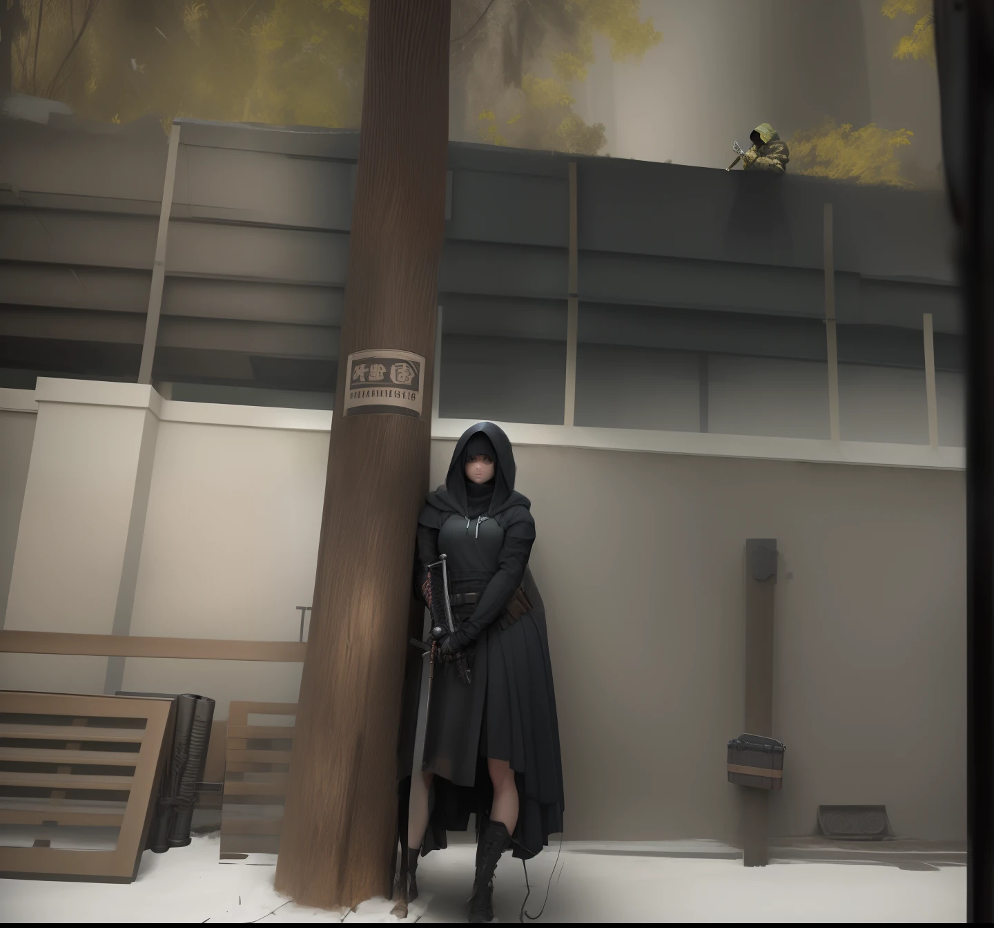1 girl, wearing hood, looking at viewer, 8k, one hand holding a katana, one hand holding m1 garand, wearing modern armor, masterpiece, leaning against fence