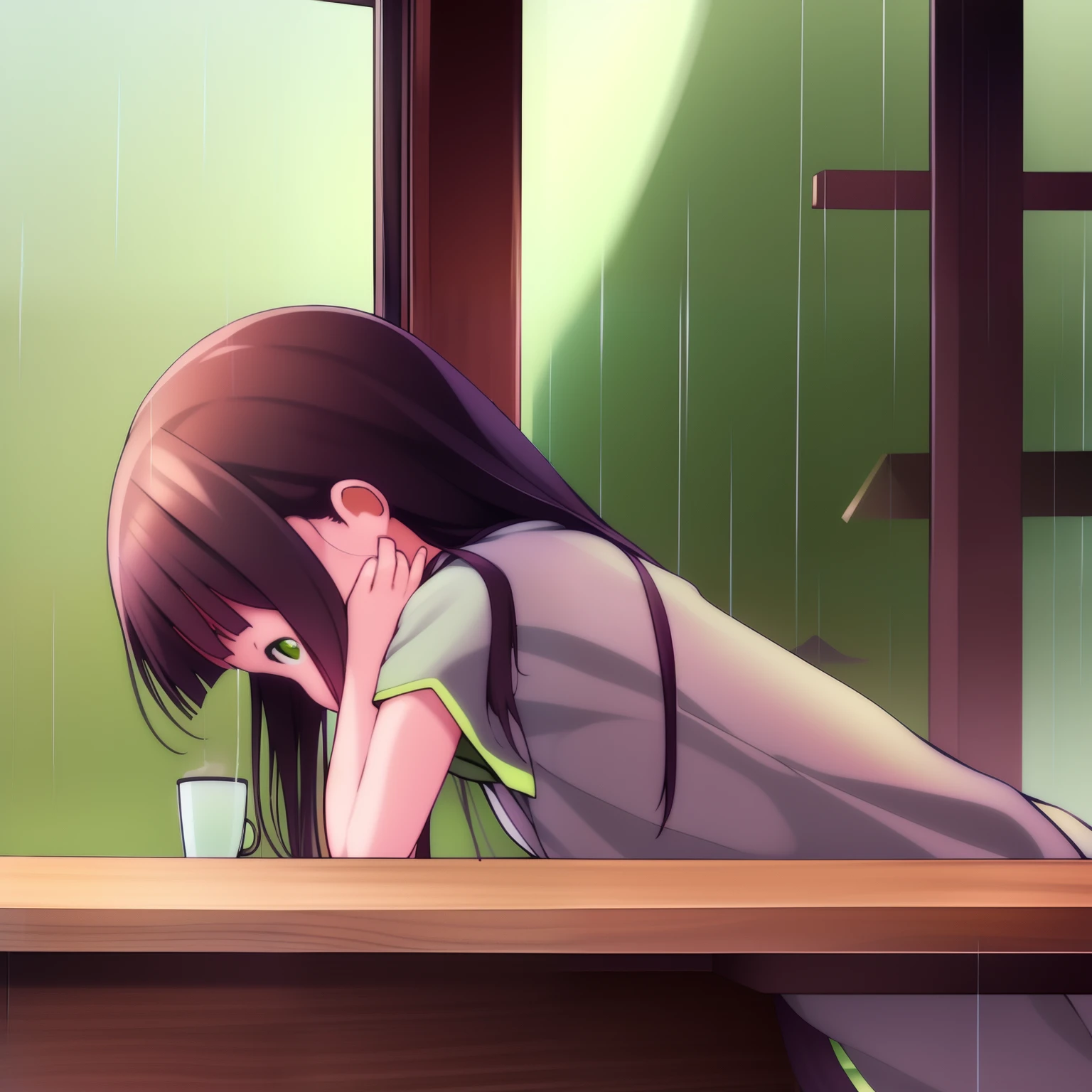 (((Chiya))), rain, drinking coffe in coffe shop, looking at the window, wallpaper